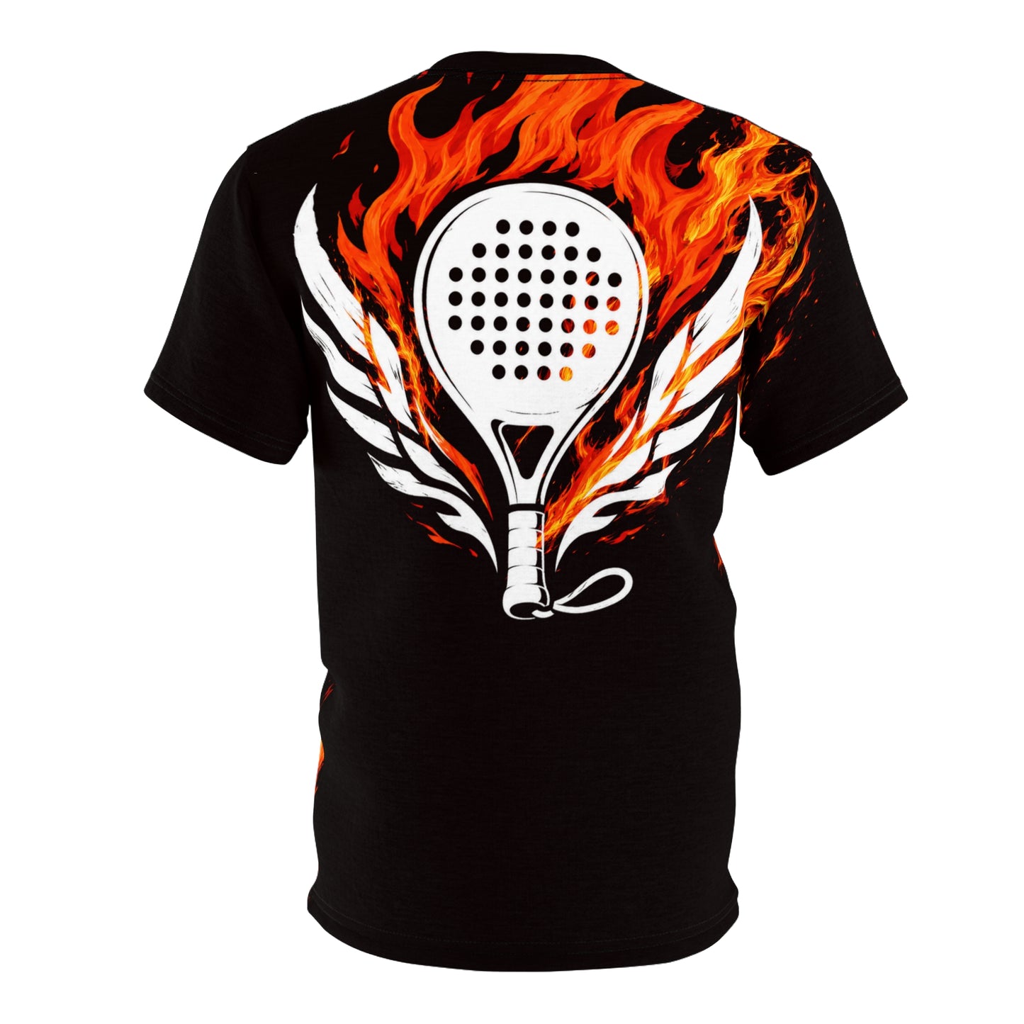 Performance Padel Shirt Black t-shirt with a fiery paddle design on the back against a white background