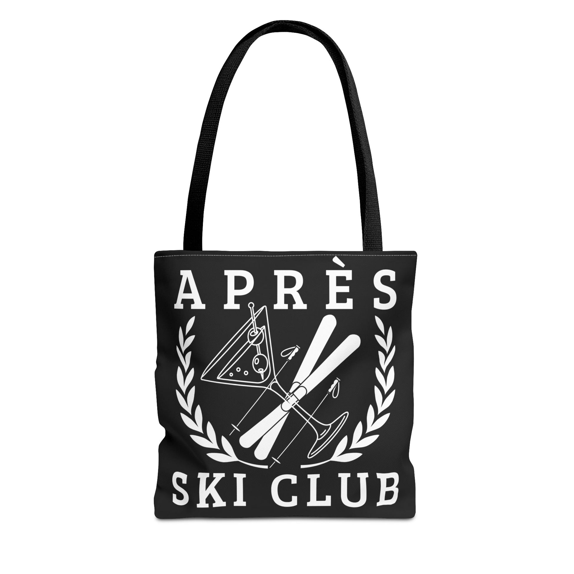 ski tote bag Black tote bag with 'Après Ski Club' design featuring skis and a helmet on a white background