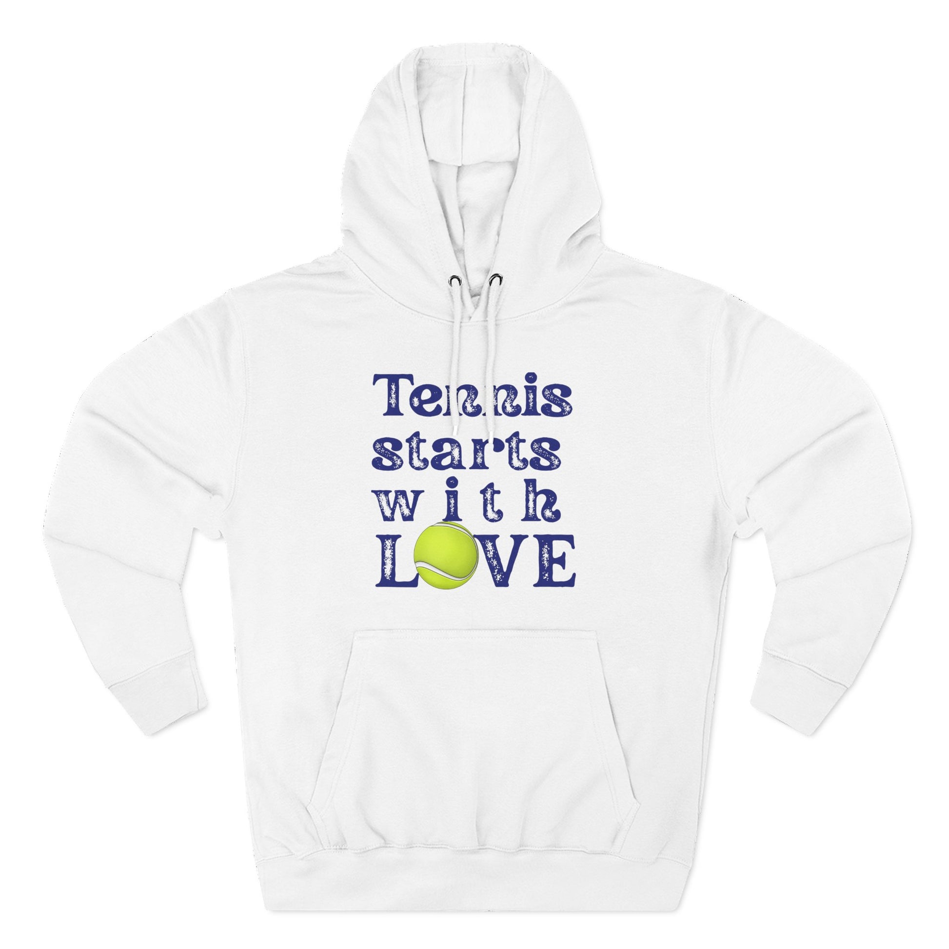 White hoodie with 'Tennis starts with love' text and tennis ball graphic on a white background