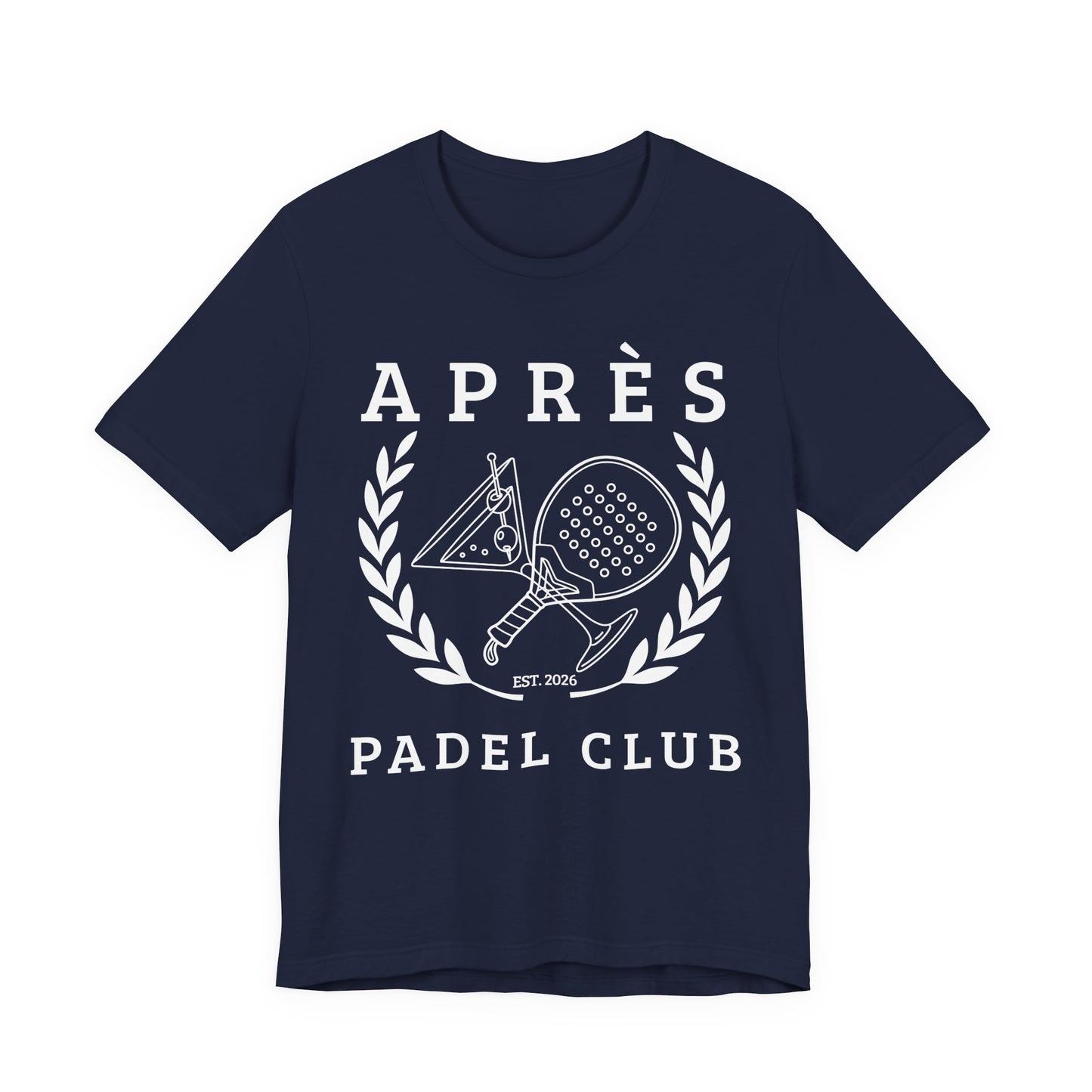 Padel Club Shirt Navy blue t-shirt with white 'APRèS PADEL CLUB' design on a white background