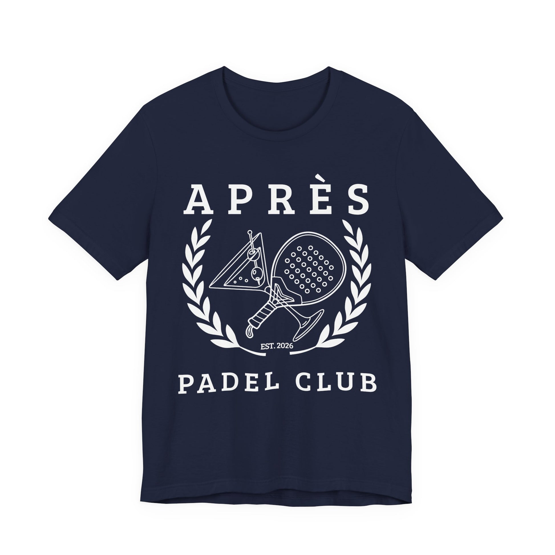 Padel Club Shirt Navy blue t-shirt with white 'APRèS PADEL CLUB' design on a white background