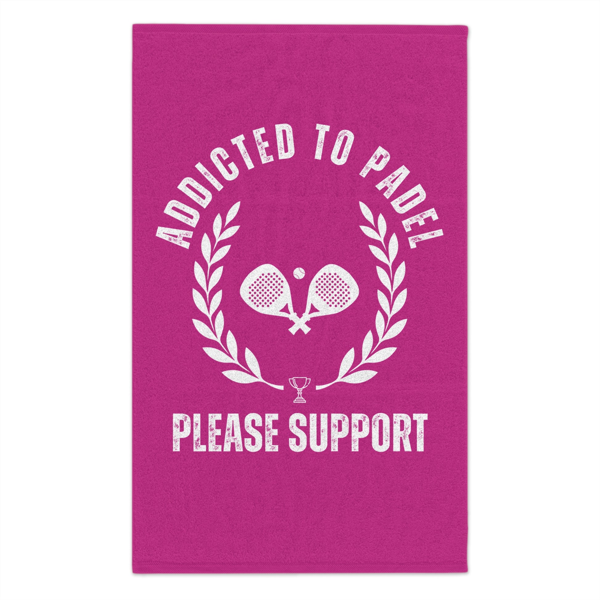 Pink towel with 'Addicted to Padel Please Support' text and paddle graphics on a white background