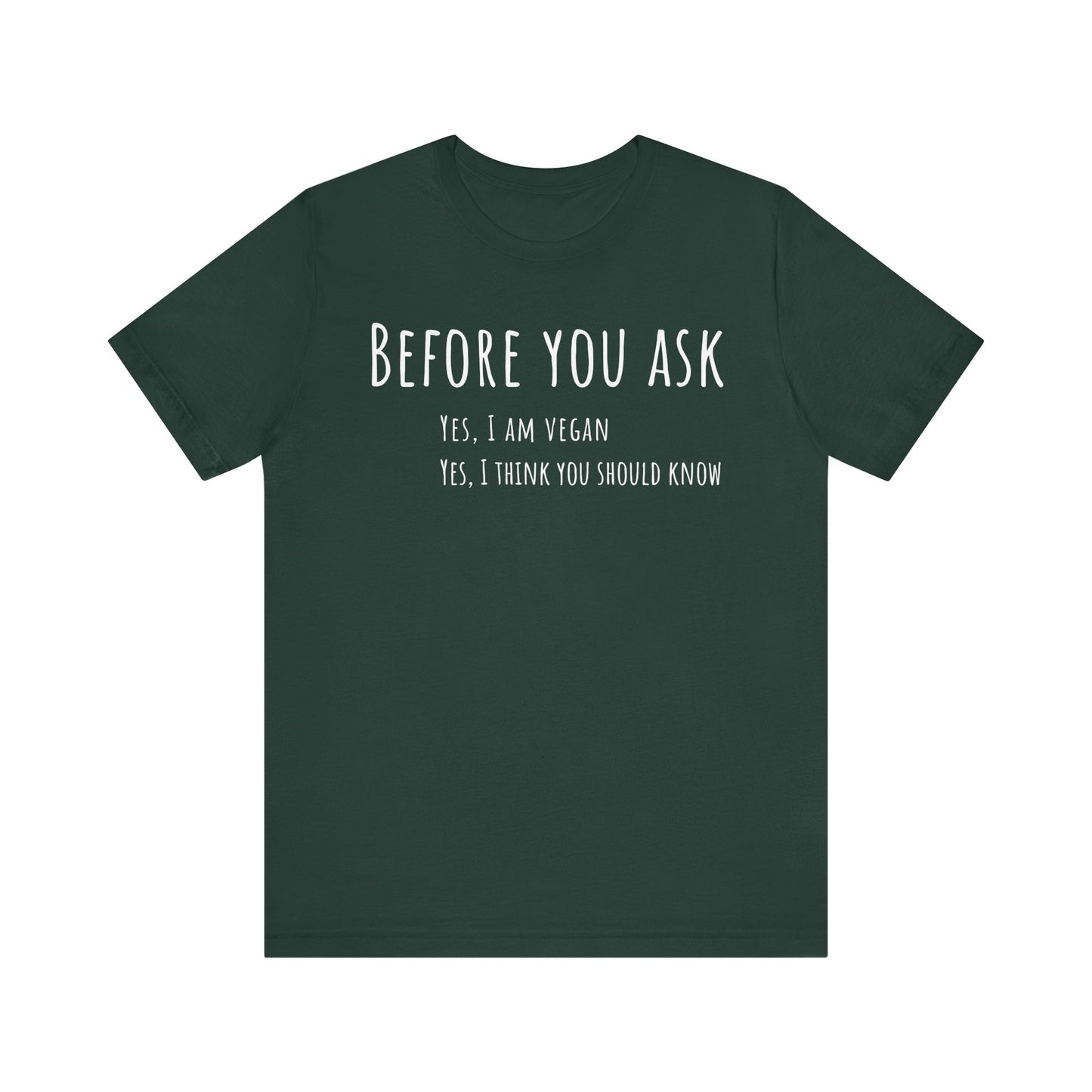 Green t-shirt with white text on a white background