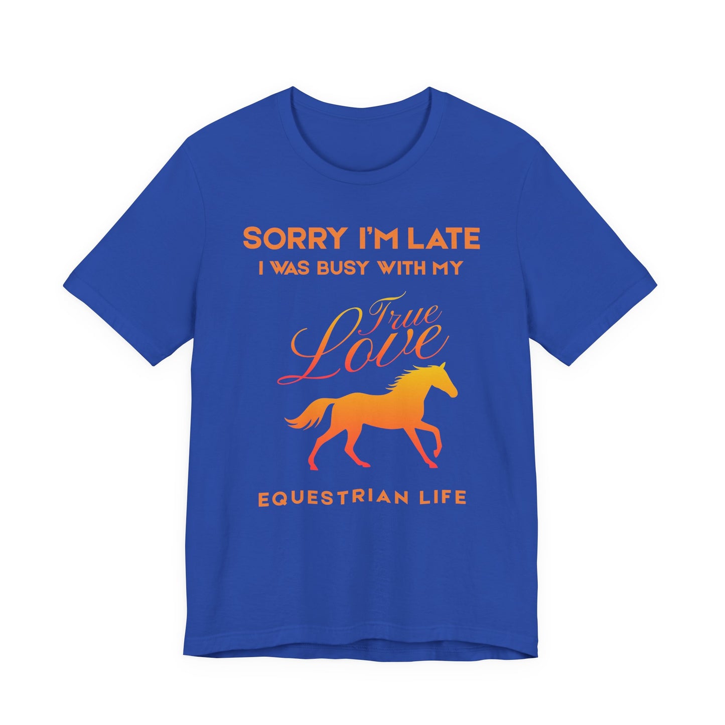 Blue t-shirt with orange text and horse graphic on a white background