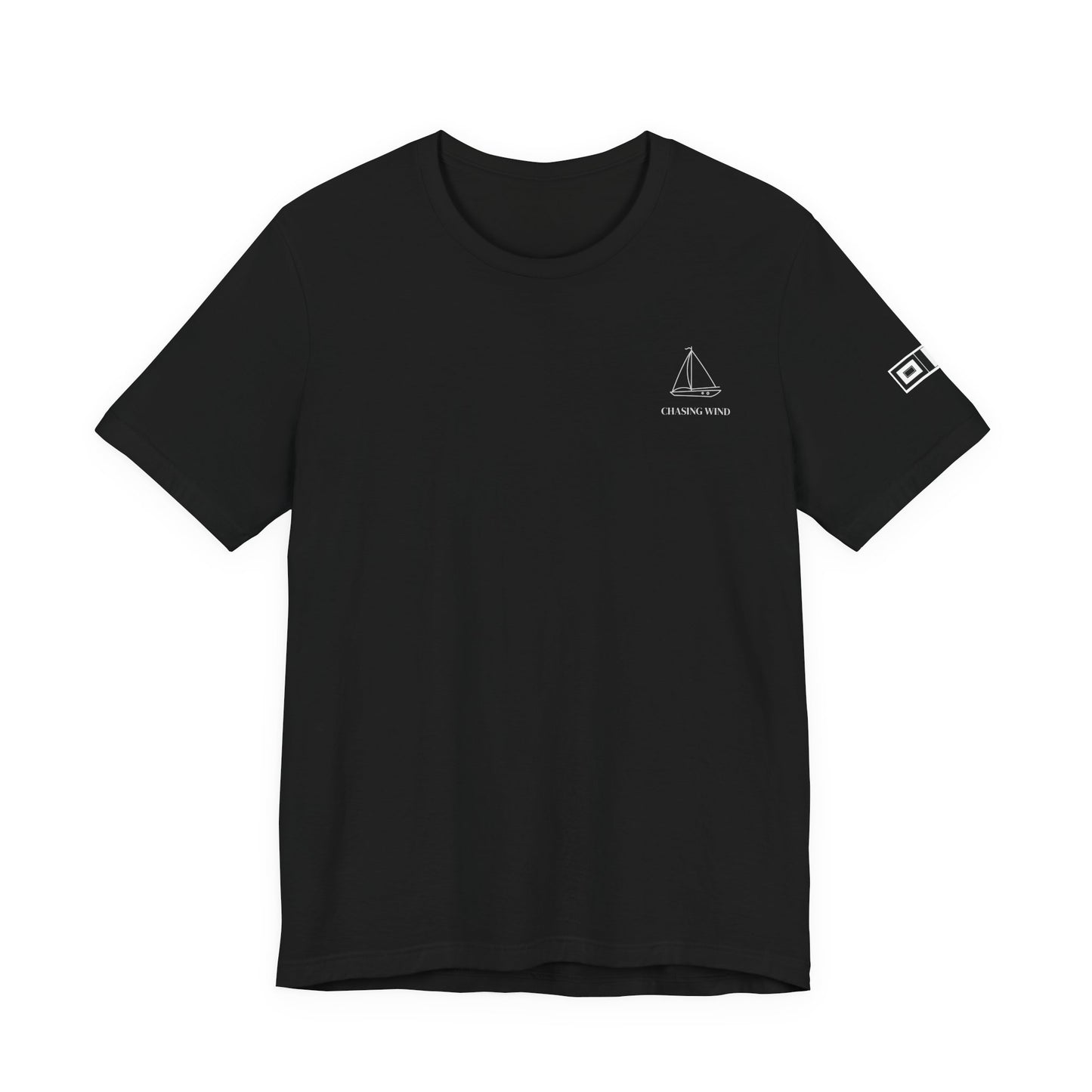 Sailing T-Shirt Black t-shirt with white text and logos on a white background
