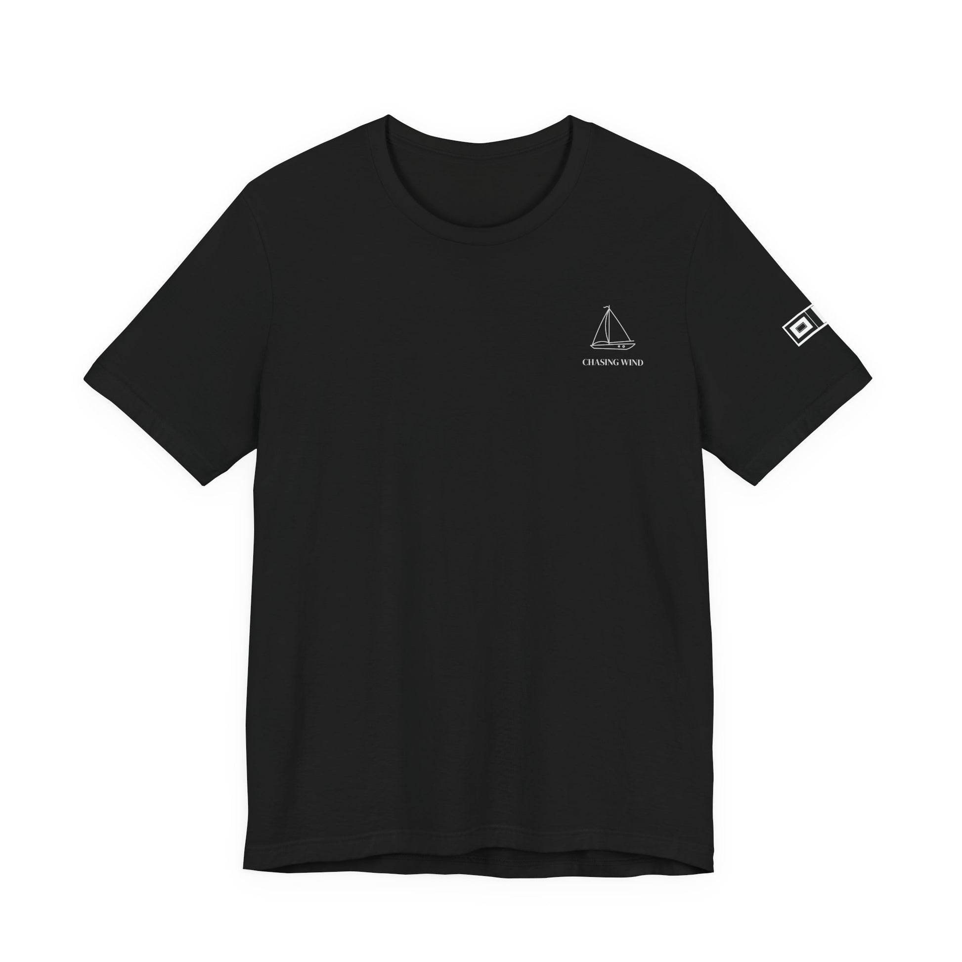 Sailing T-Shirt Black t-shirt with white text and logos on a white background