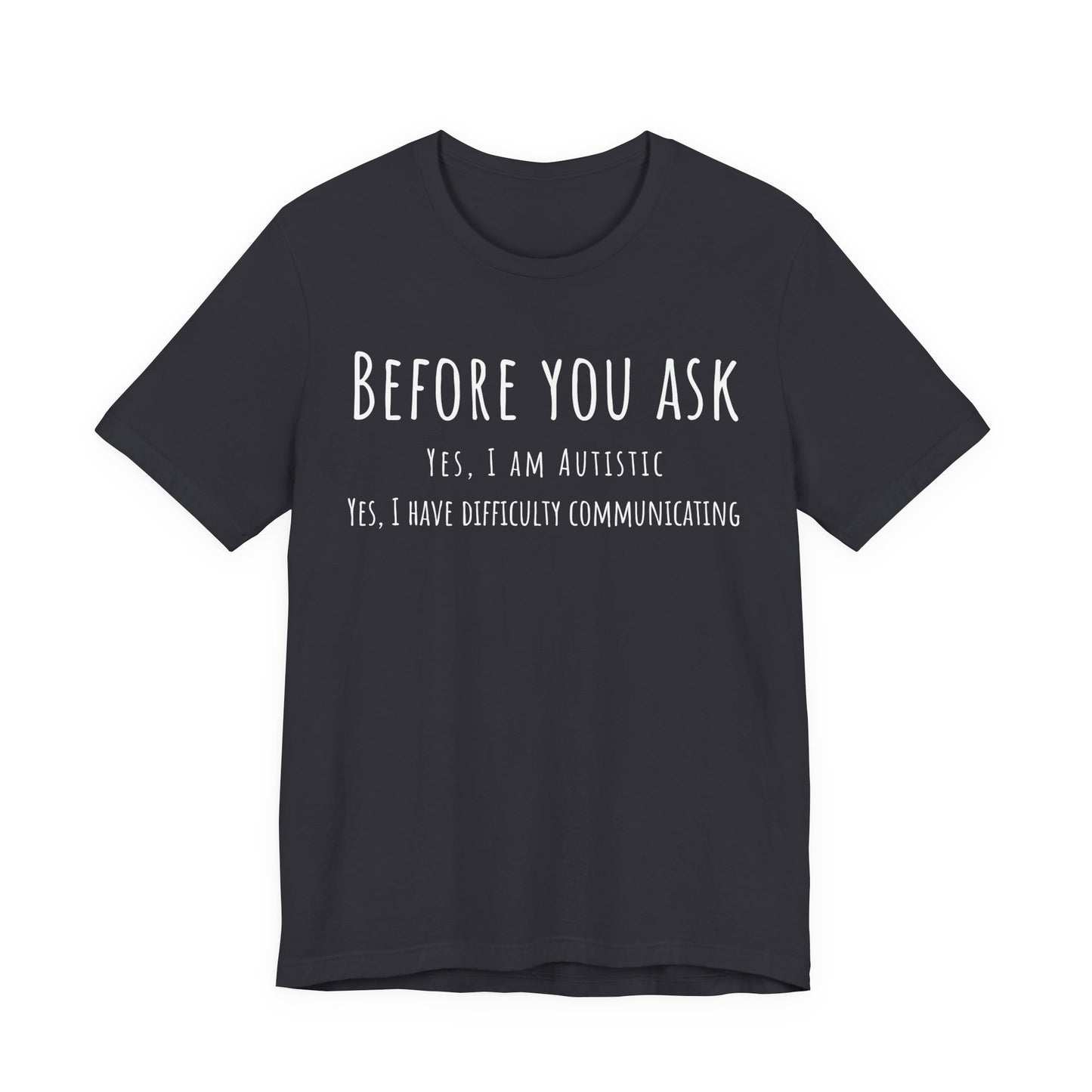 Black t-shirt with white text on a white background