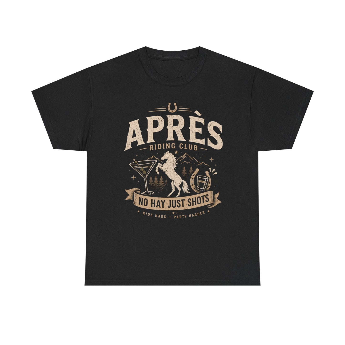 Horse Ridinng Shirts Black t-shirt with 'Apres Riding Club' graphic design on a white background