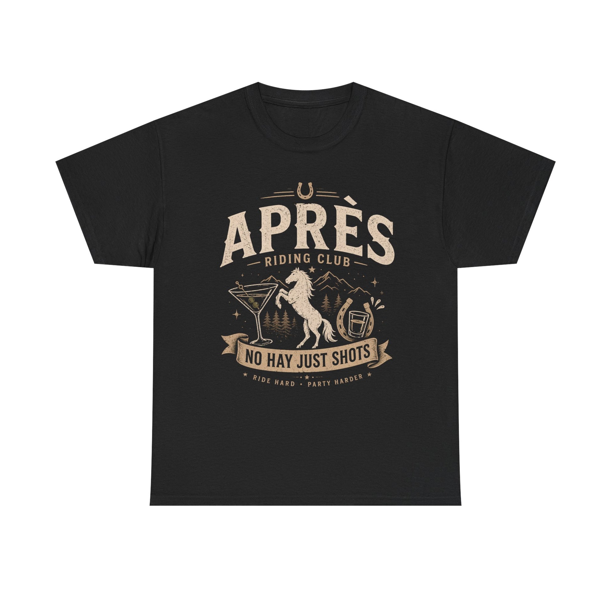 Horse Ridinng Shirts Black t-shirt with 'Apres Riding Club' graphic design on a white background