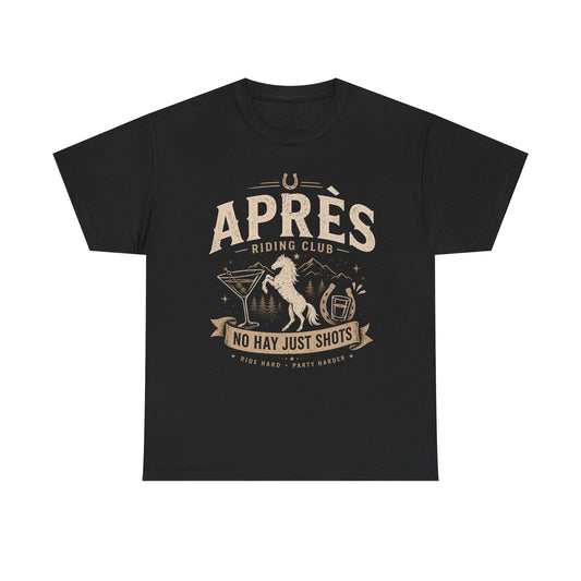 Horse Ridinng Shirts Black t-shirt with 'Apres Riding Club' graphic design on a white background