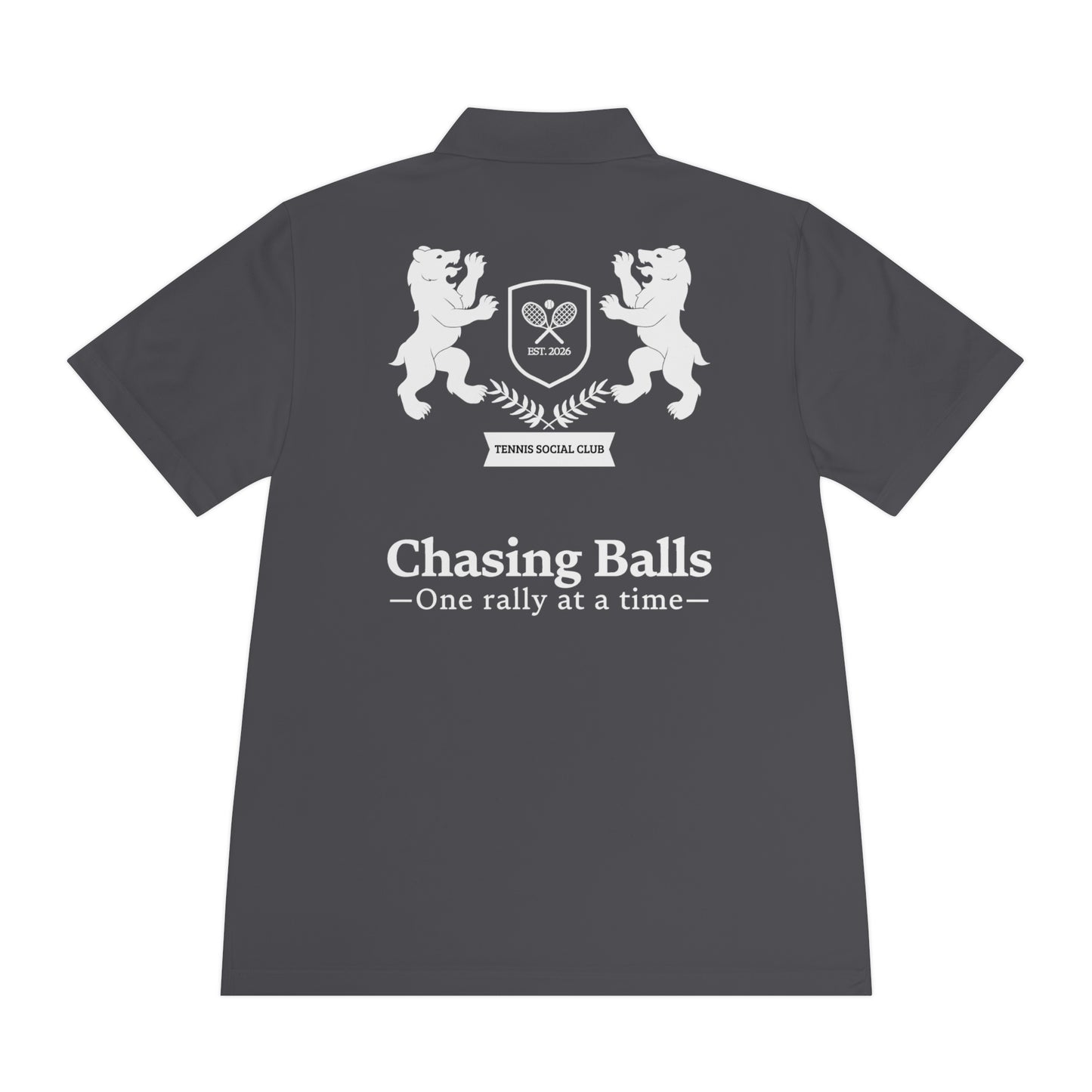 Dark gray polo shirt with white logo and text on a white background