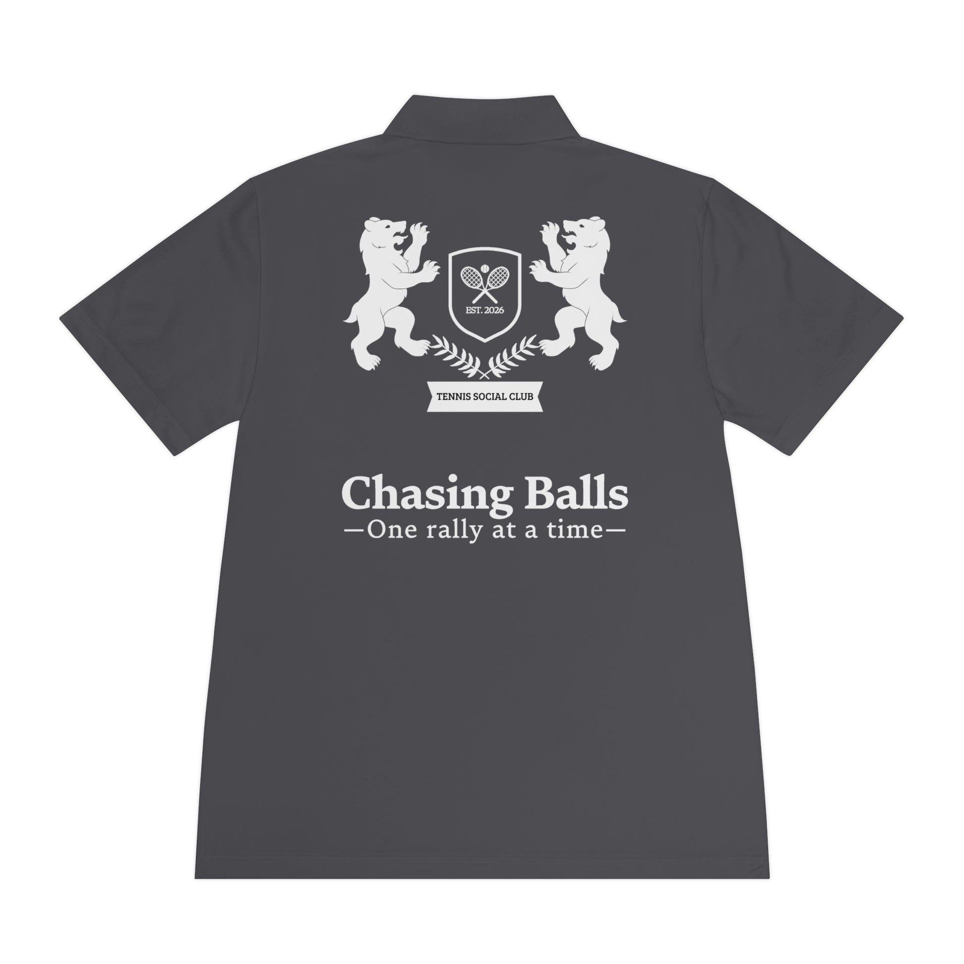 Dark gray polo shirt with white logo and text on a white background