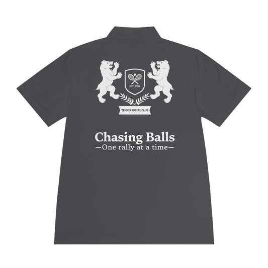 Dark gray polo shirt with white logo and text on a white background