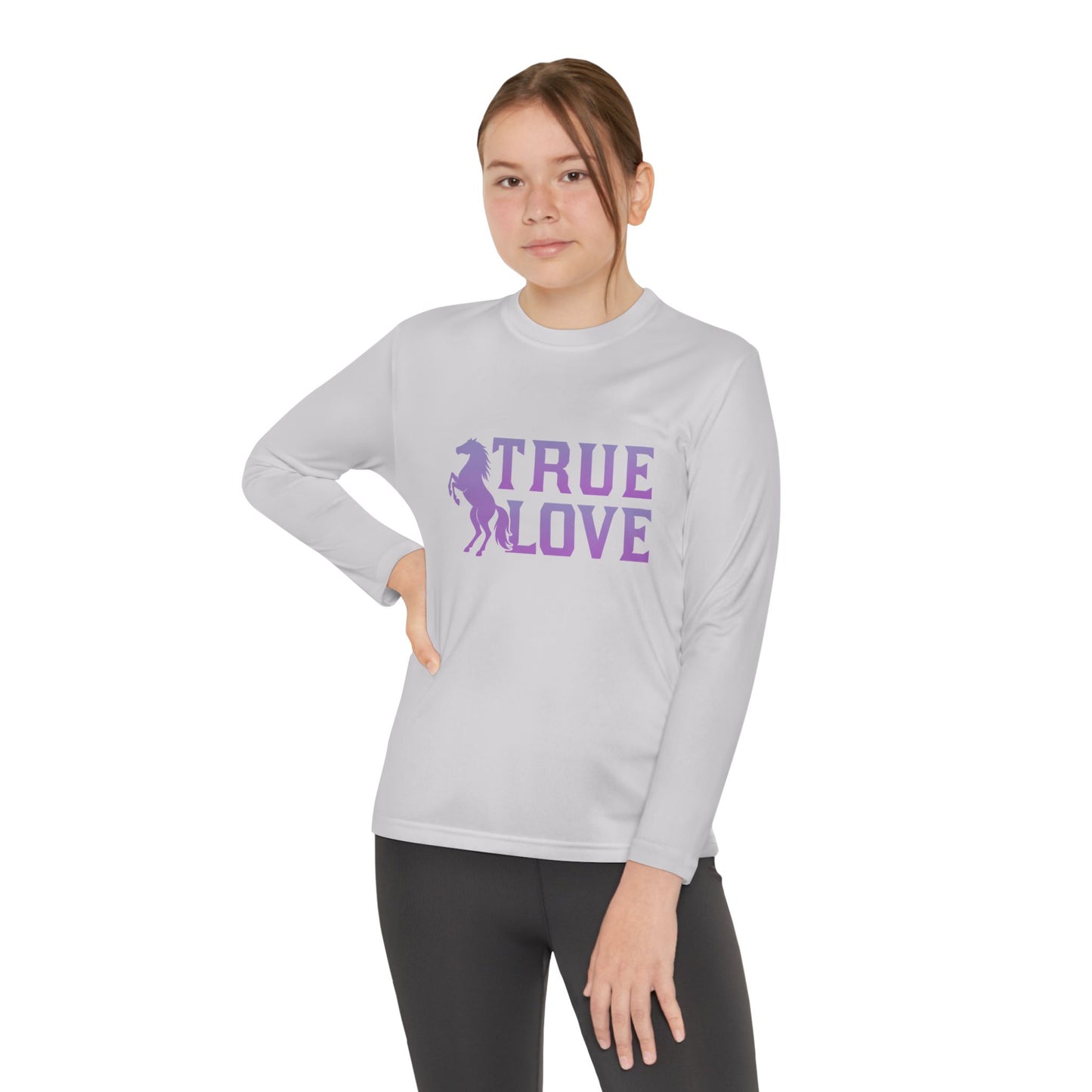 Person wearing a gray long-sleeve shirt with 'TRUE LOVE' text and graphic on a white background
