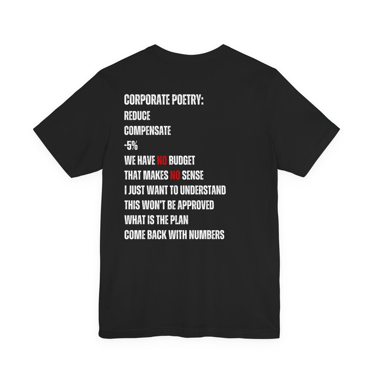 Black t-shirt with white and red text on a white background