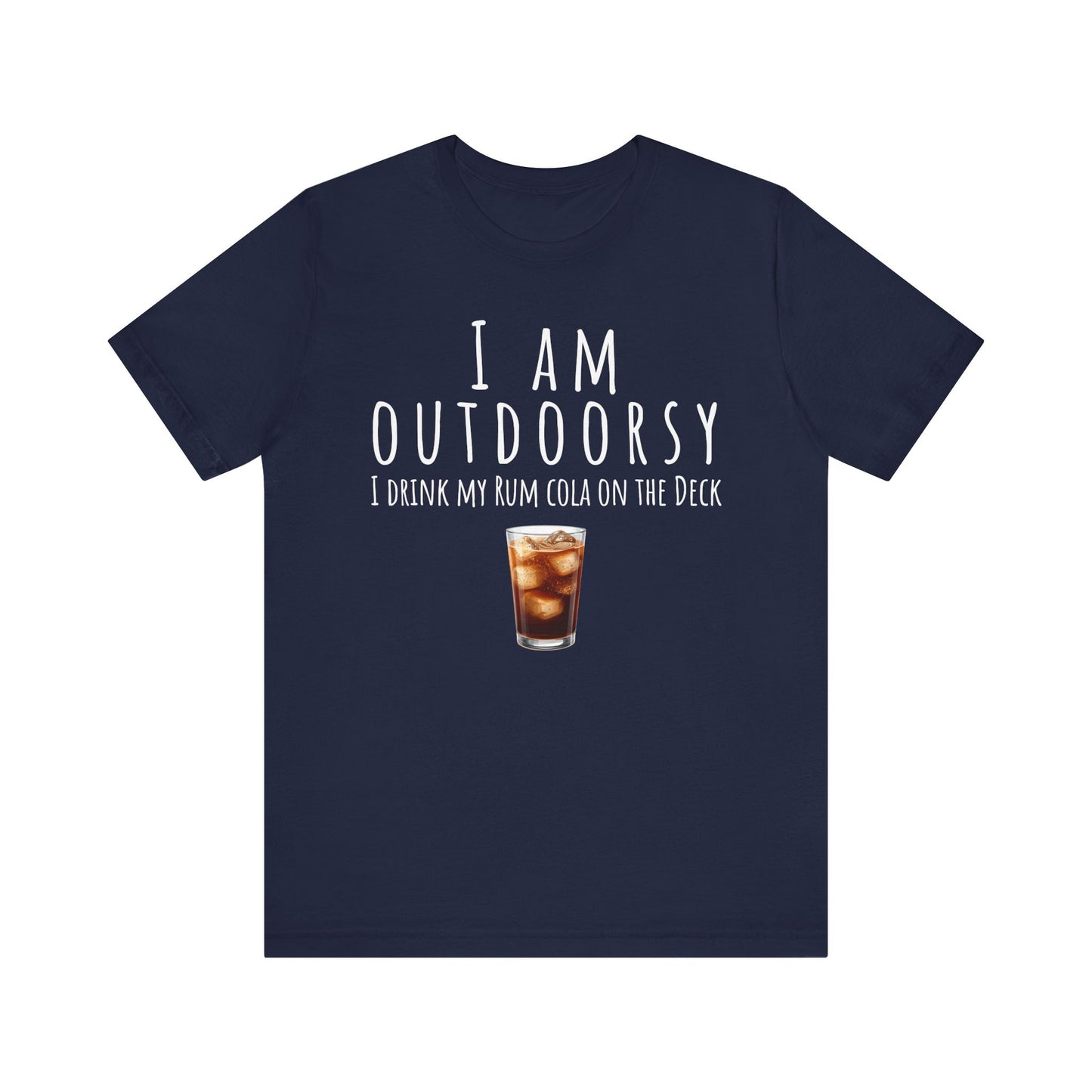 Navy blue t-shirt with humorous text and a drink graphic on a white background