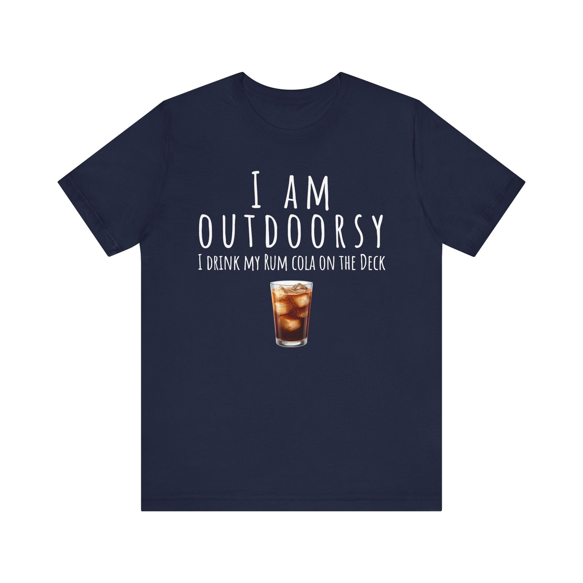Navy blue t-shirt with humorous text and a drink graphic on a white background