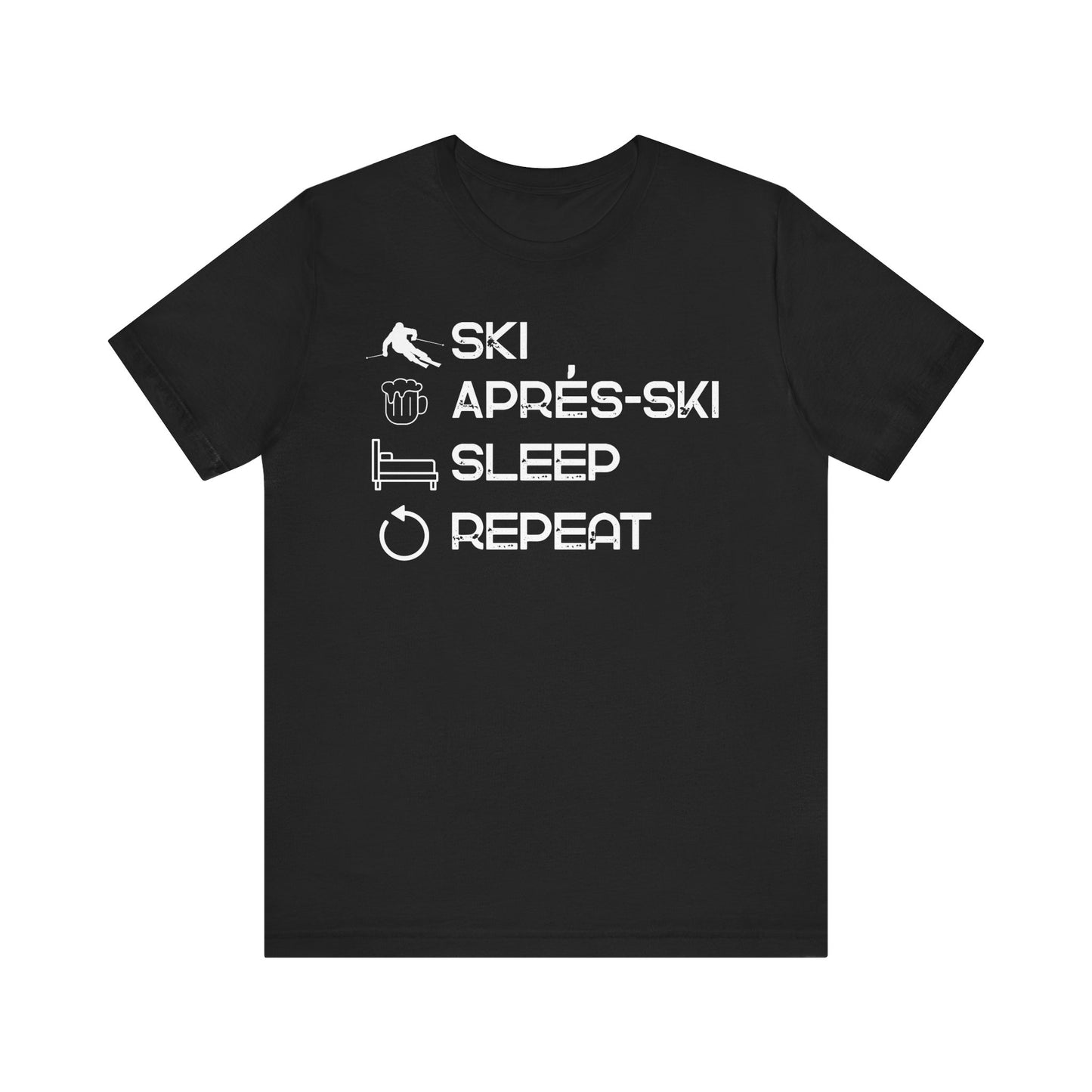Black t-shirt with white text and symbols on a white background
