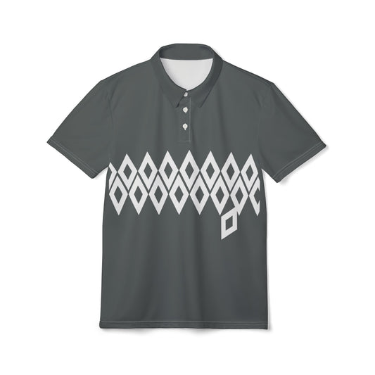 Black polo shirt with white geometric pattern on a white background