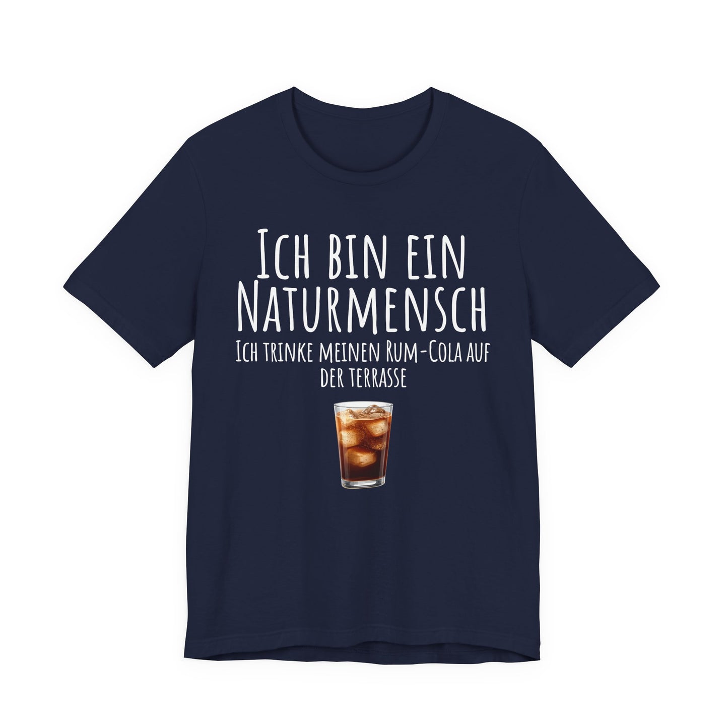 Navy blue t-shirt with a drink graphic and German text on a white background
