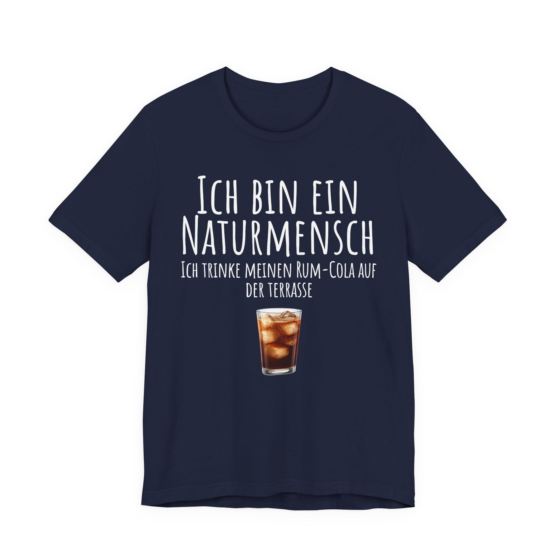 Navy blue t-shirt with a drink graphic and German text on a white background