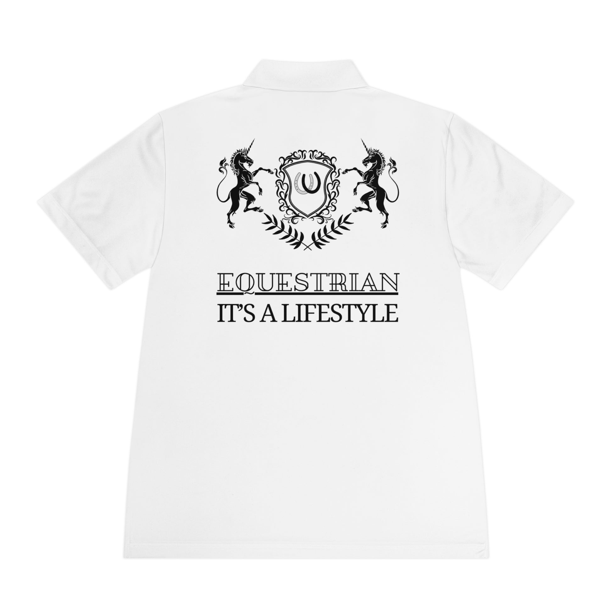 White polo shirt with black equestrian design and text on the back