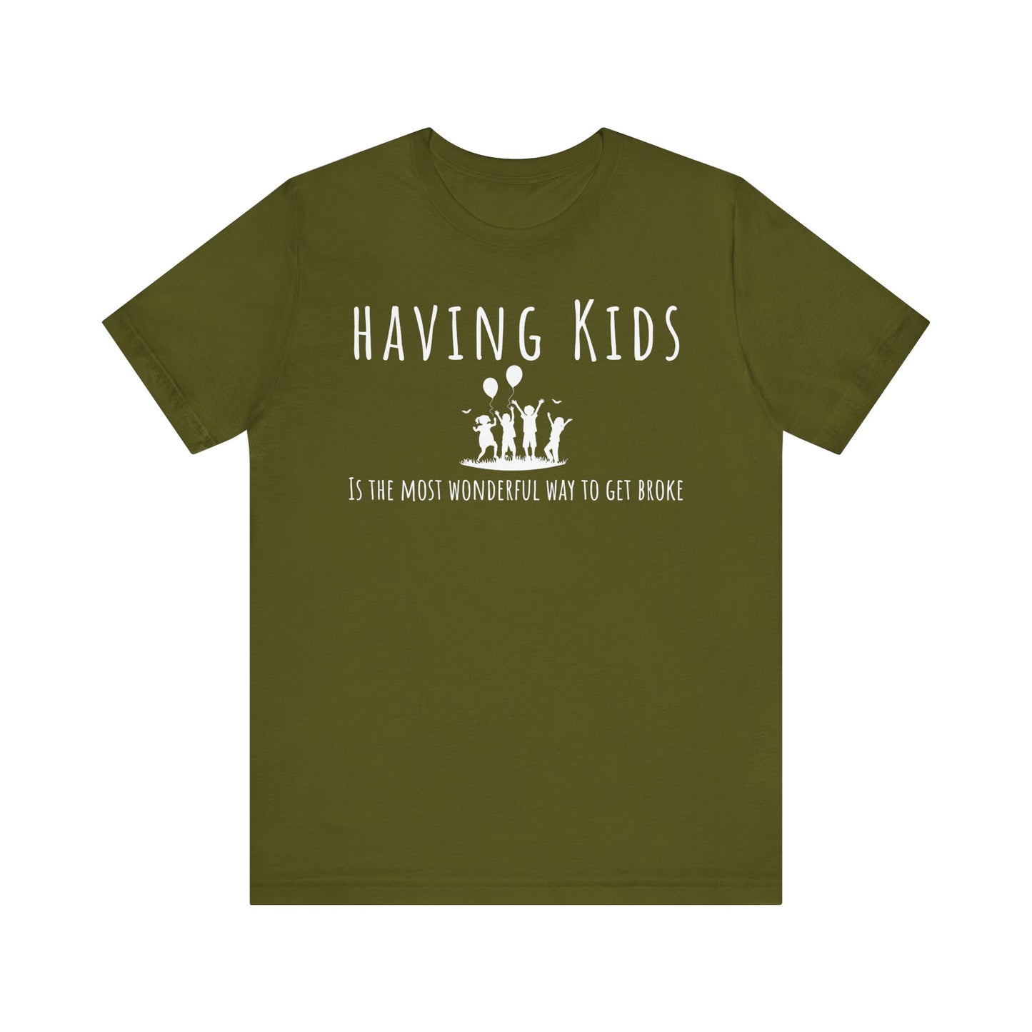 Green t-shirt with white text and graphic on a white background
