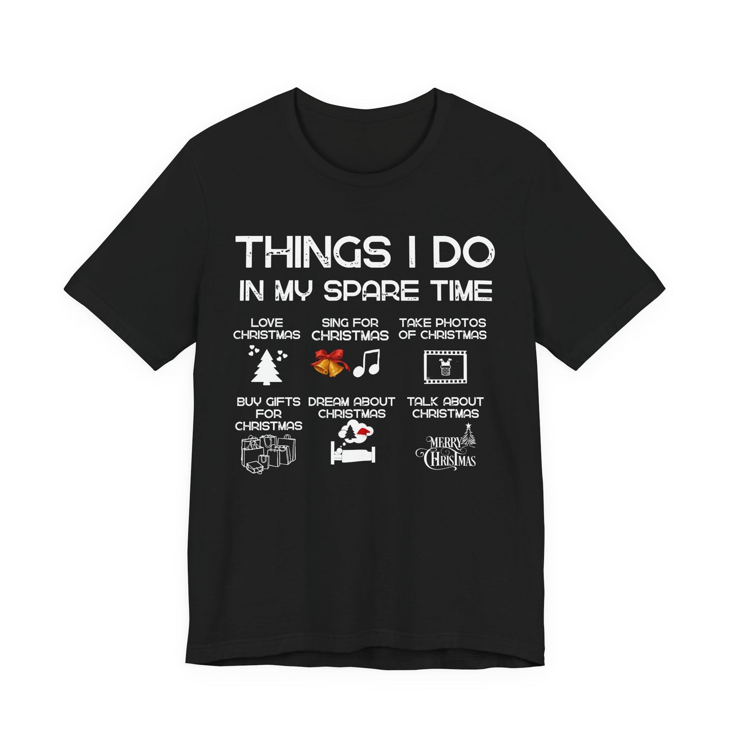 Black t-shirt with white text and Christmas-themed graphics on a white background