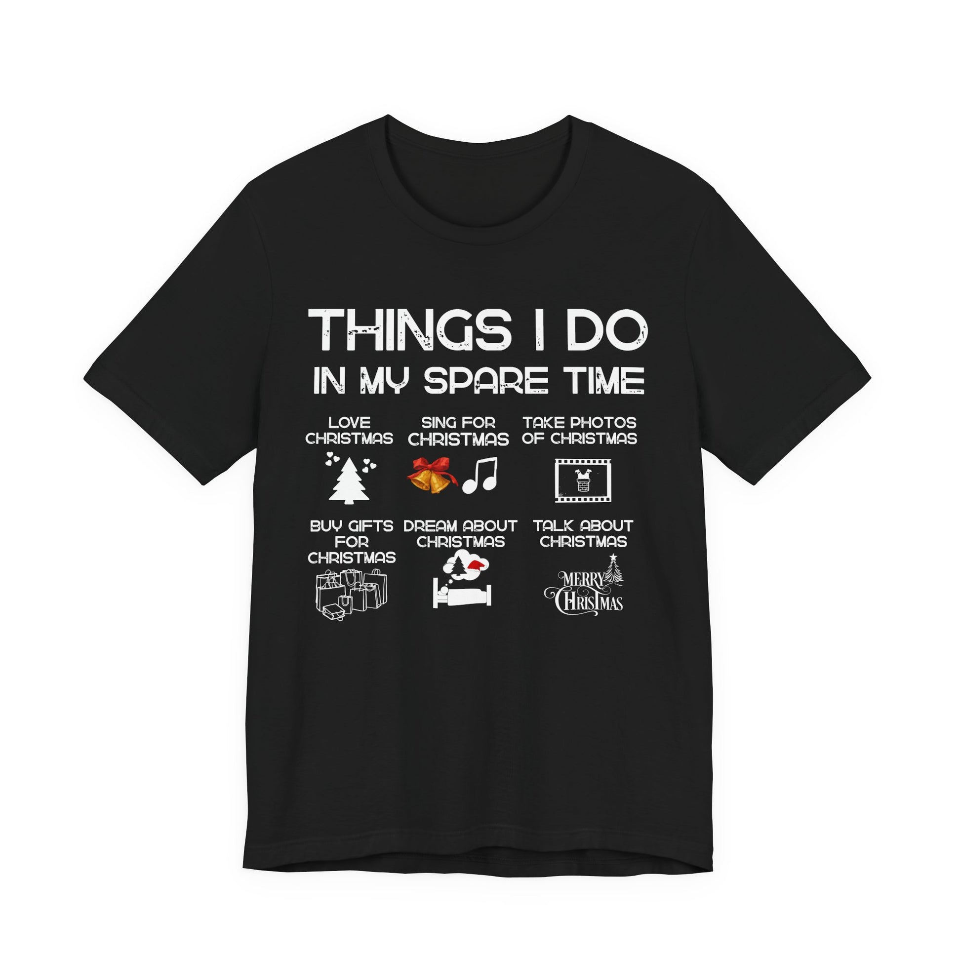 Black t-shirt with white text and Christmas-themed graphics on a white background