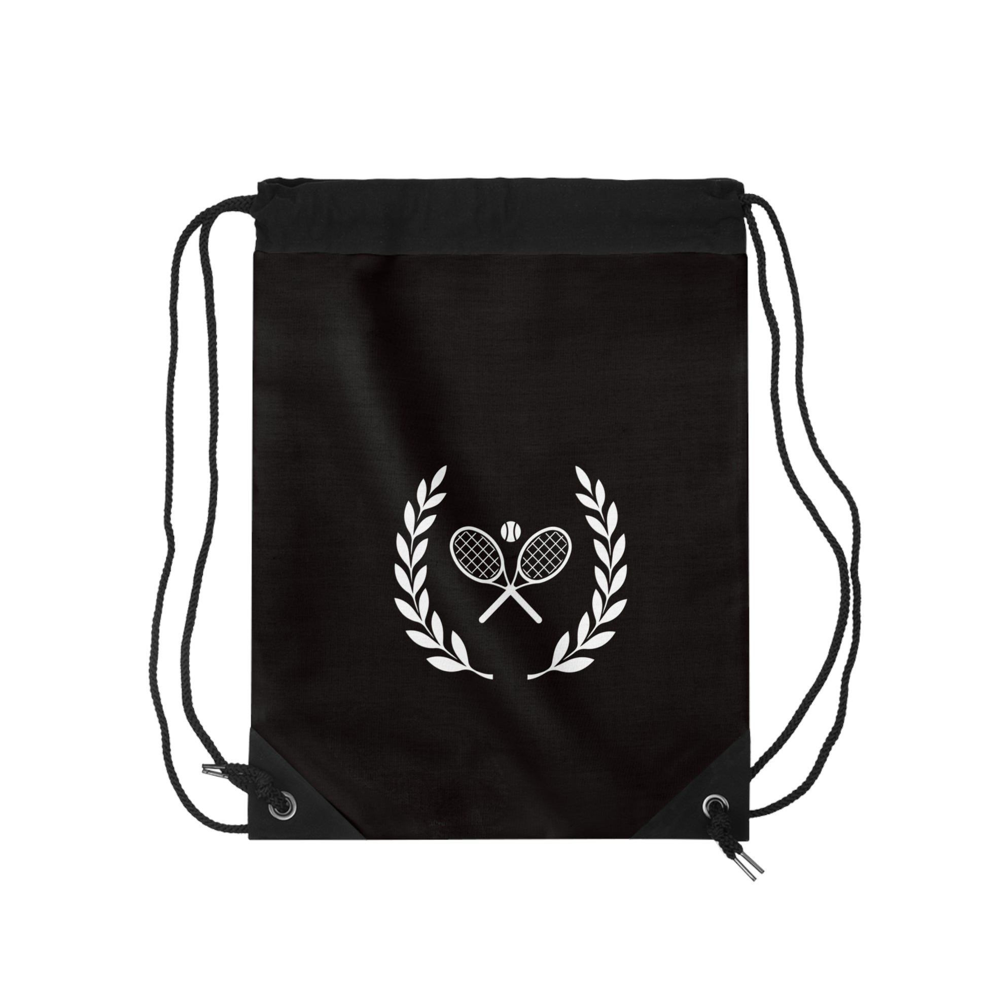 Junior Tennis bag Black drawstring bag with white logo featuring tennis rackets and laurel leaves on a white background