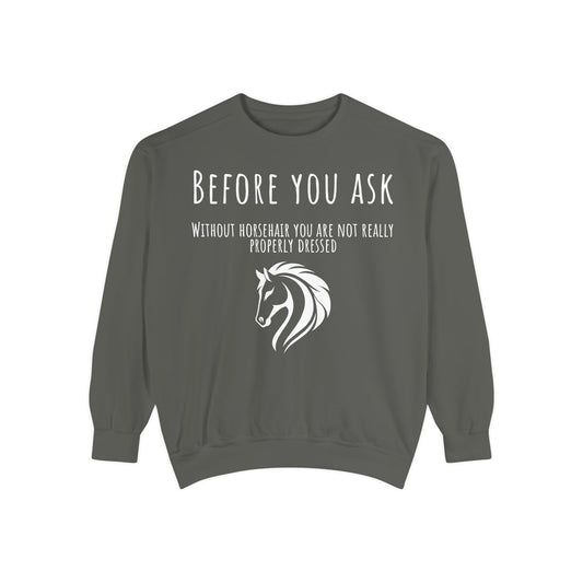 Gray sweatshirt with horse-related text and graphic on a white background