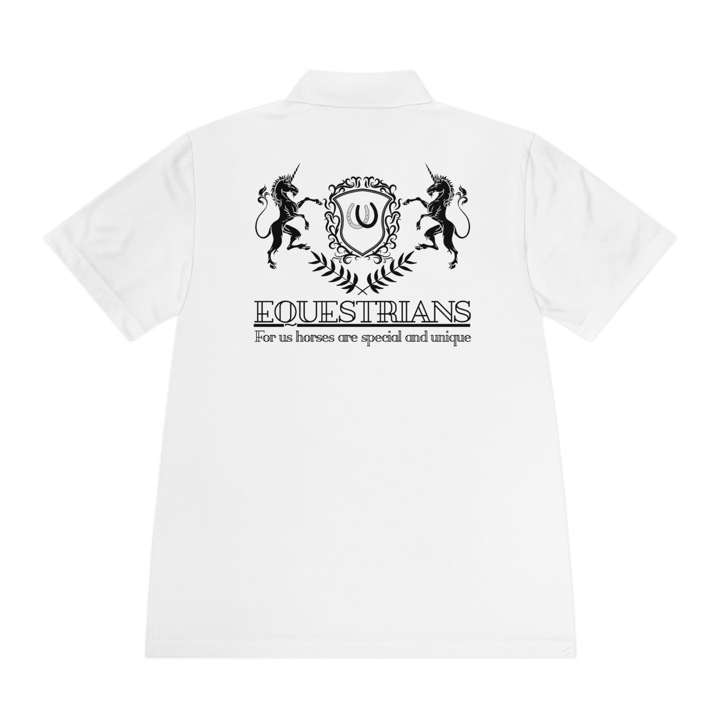 White polo shirt with black equestrian design and text on the back