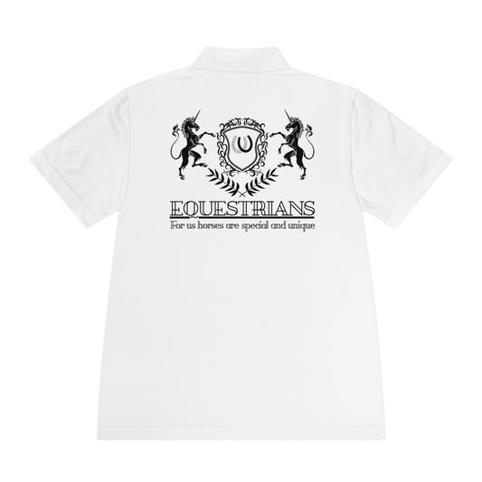 White polo shirt with black equestrian design and text on the back