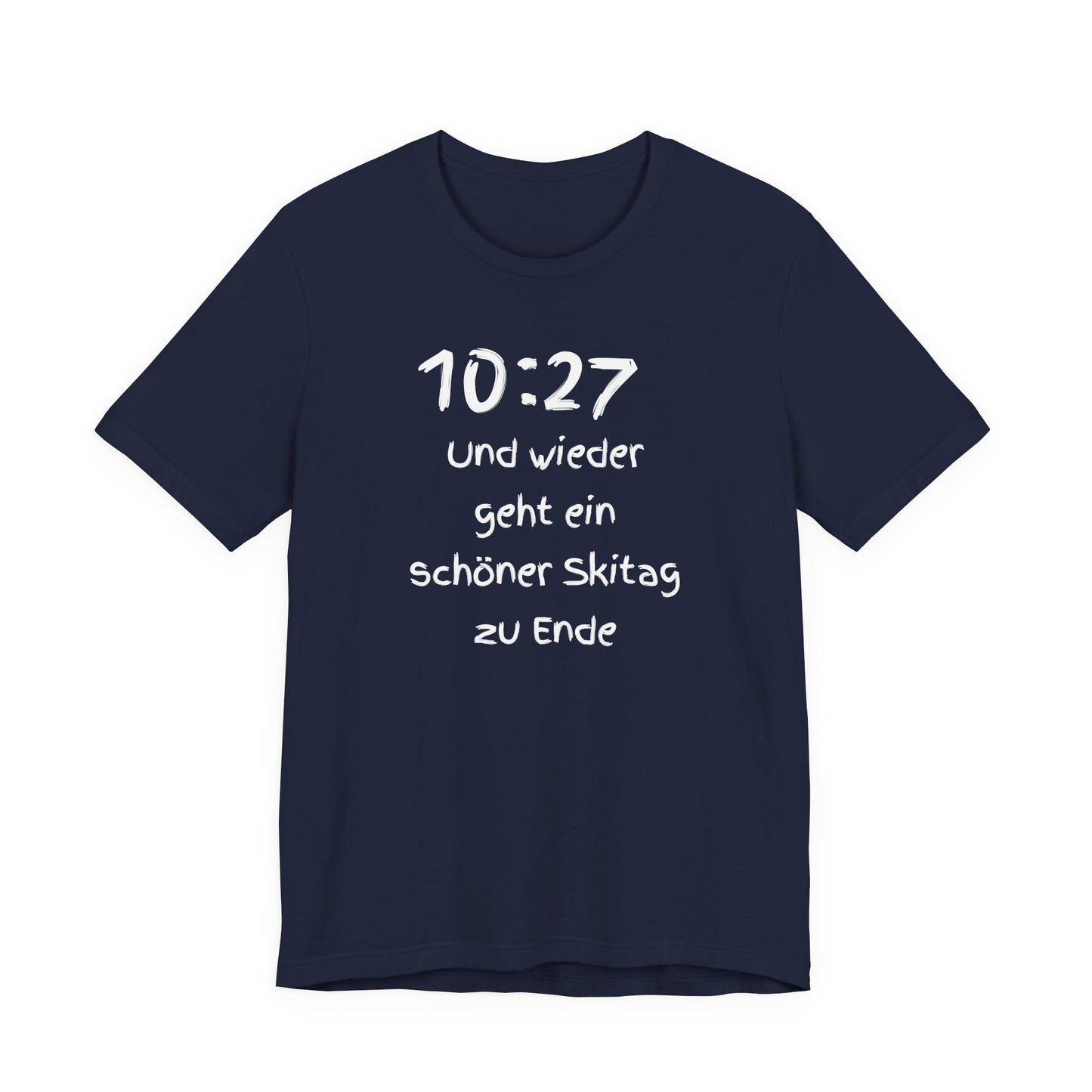 Navy blue t-shirt with white text on a white background