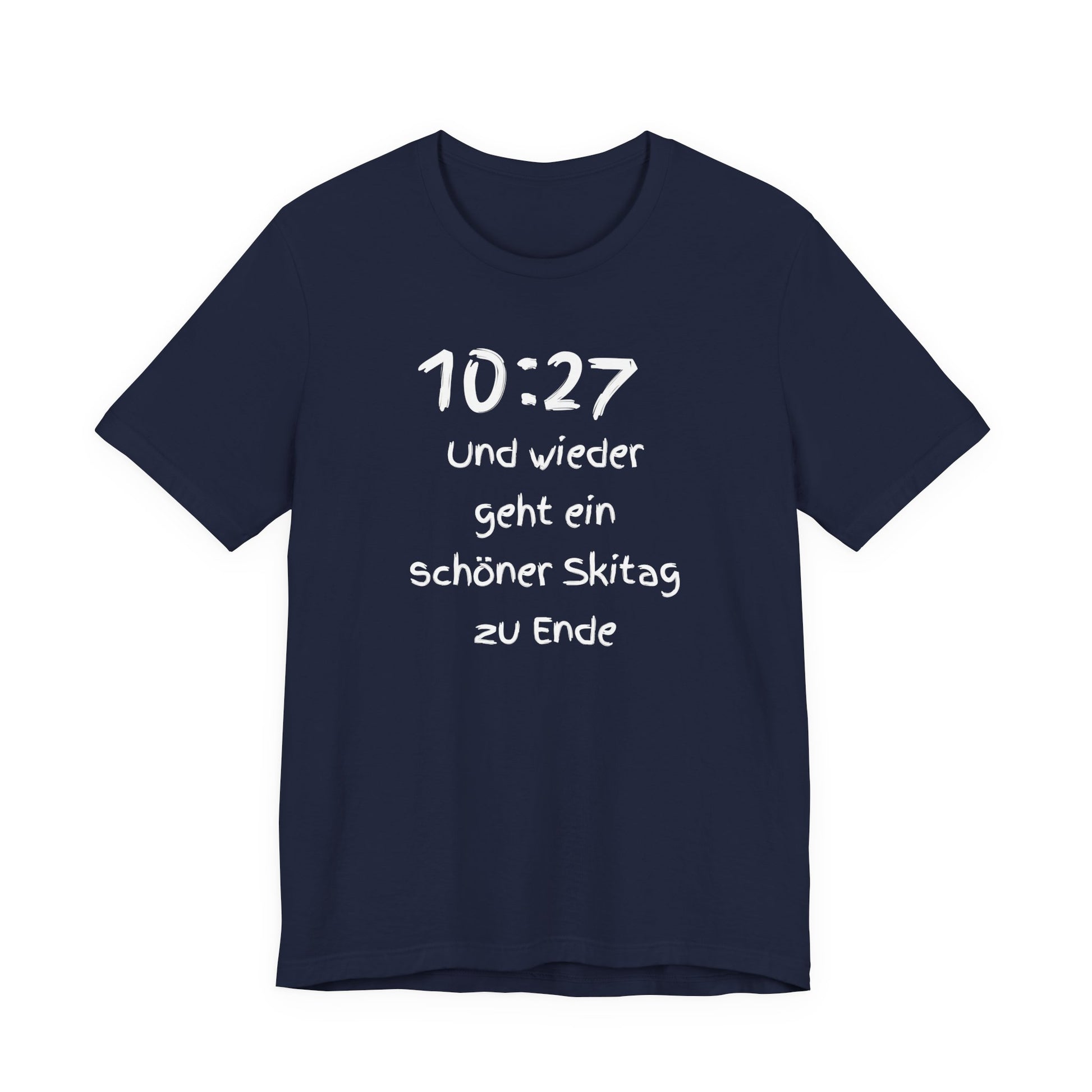 Navy blue t-shirt with white text on a white background