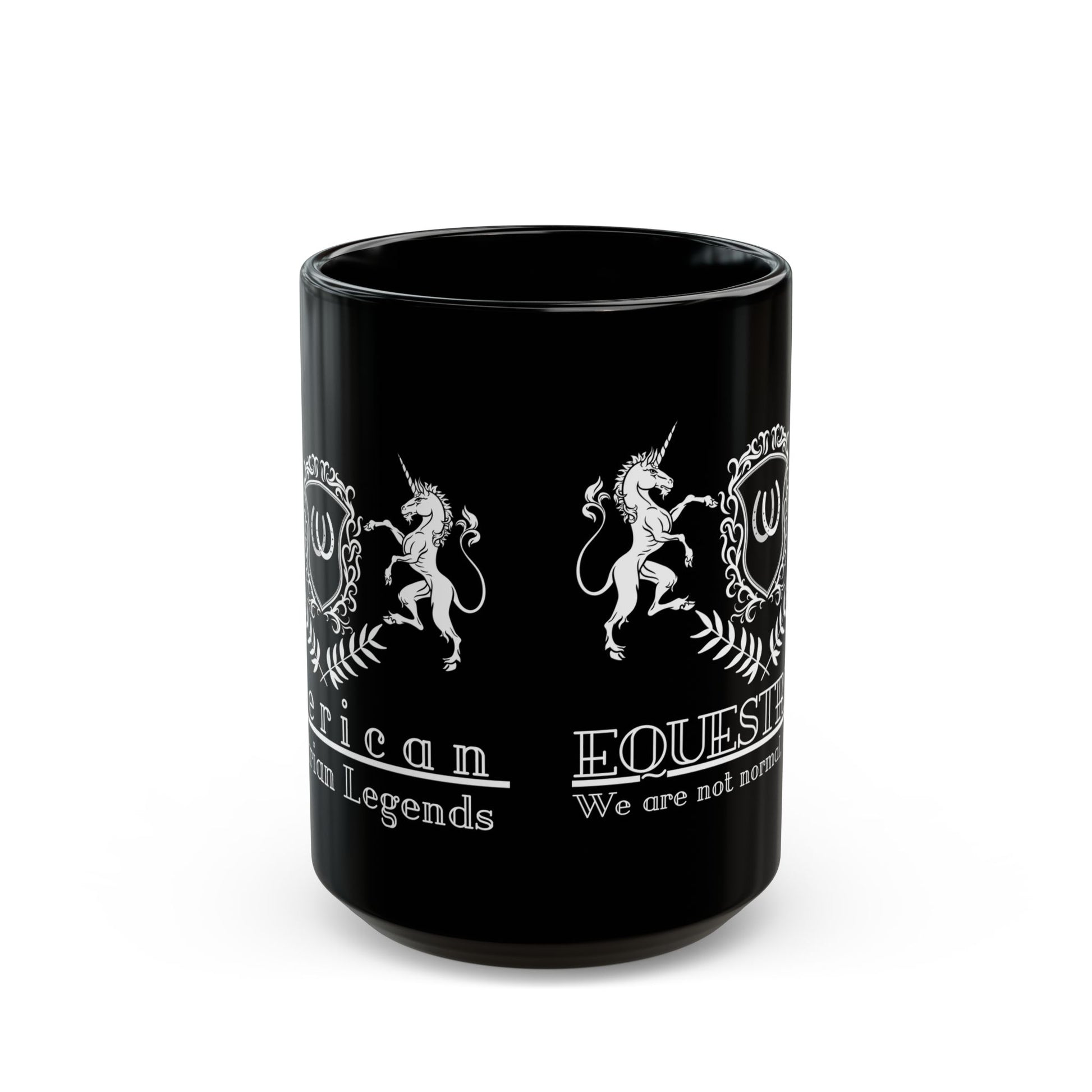Black mug with white unicorn design and text on a white background