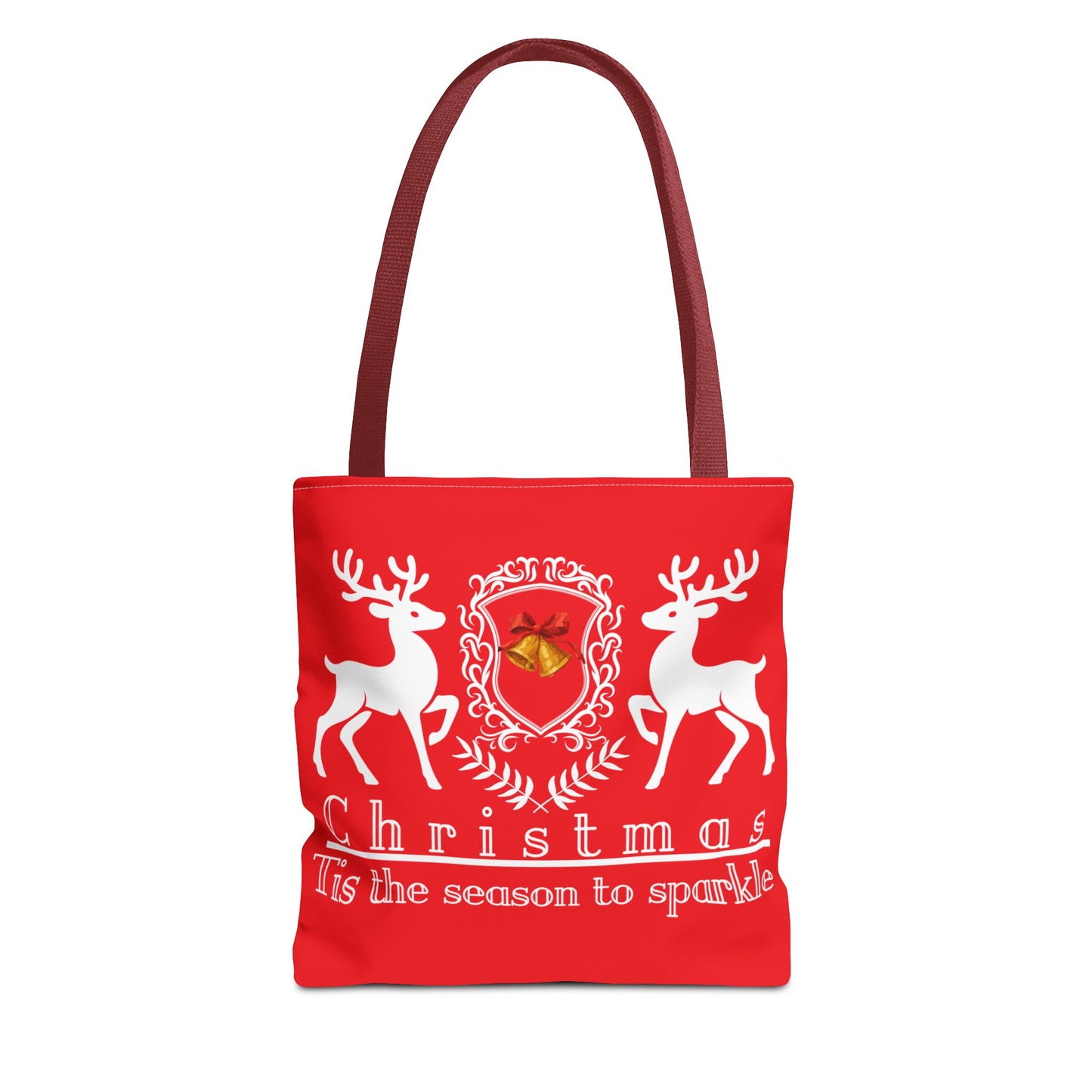 Red tote bag with Christmas design featuring reindeer and a bell on a white background