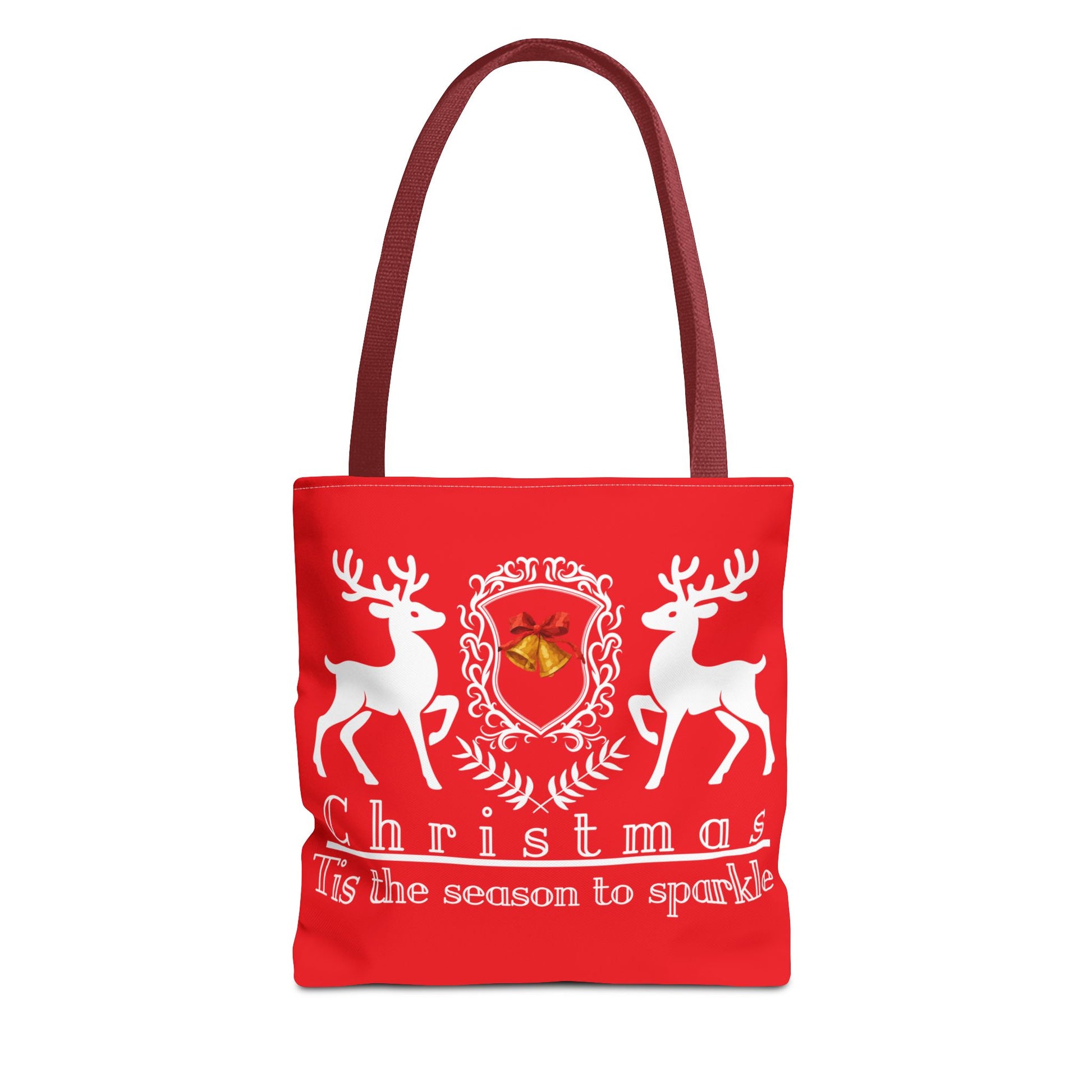 Red tote bag with Christmas design featuring reindeer and a bell on a white background