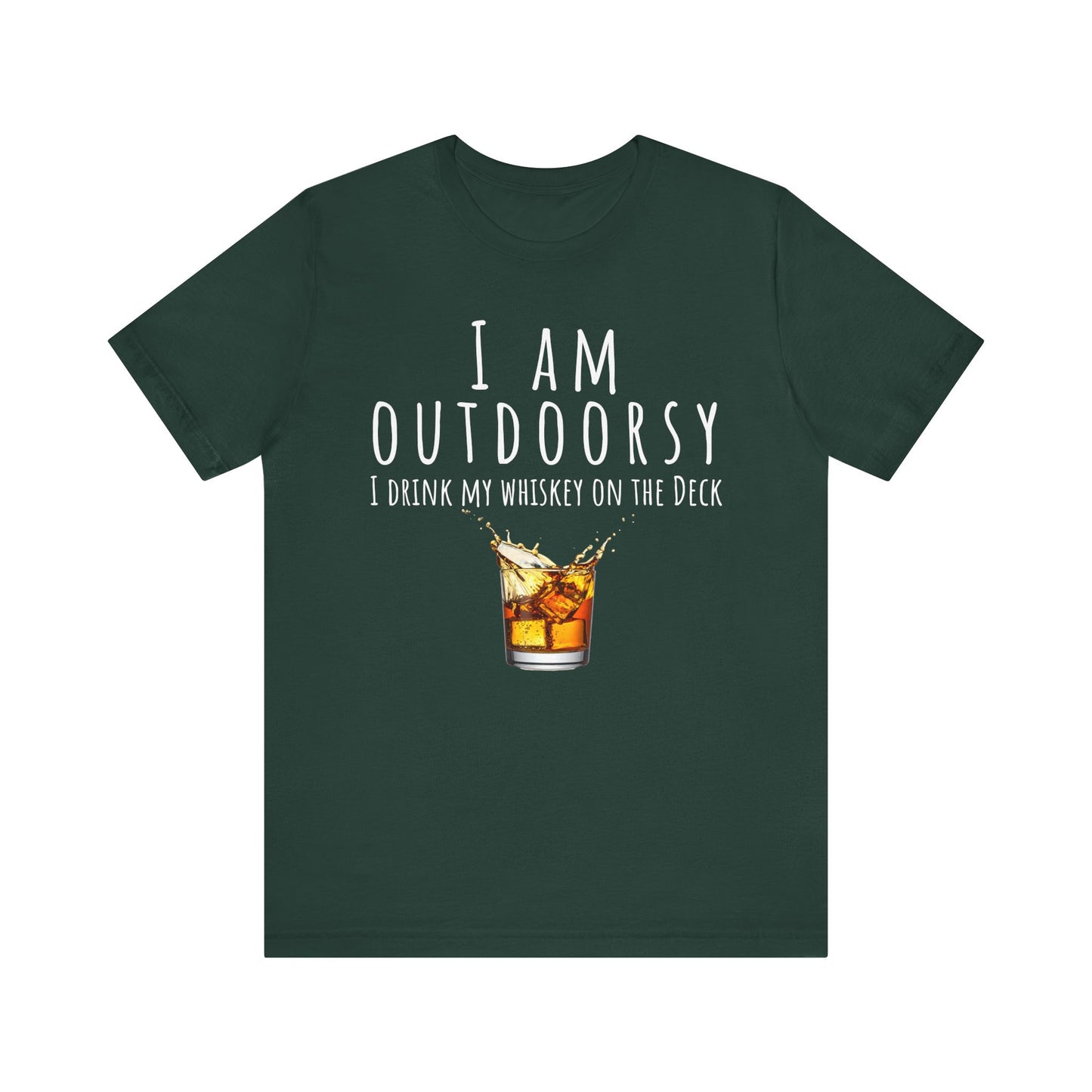 Green t-shirt with whiskey graphic and text on a white background