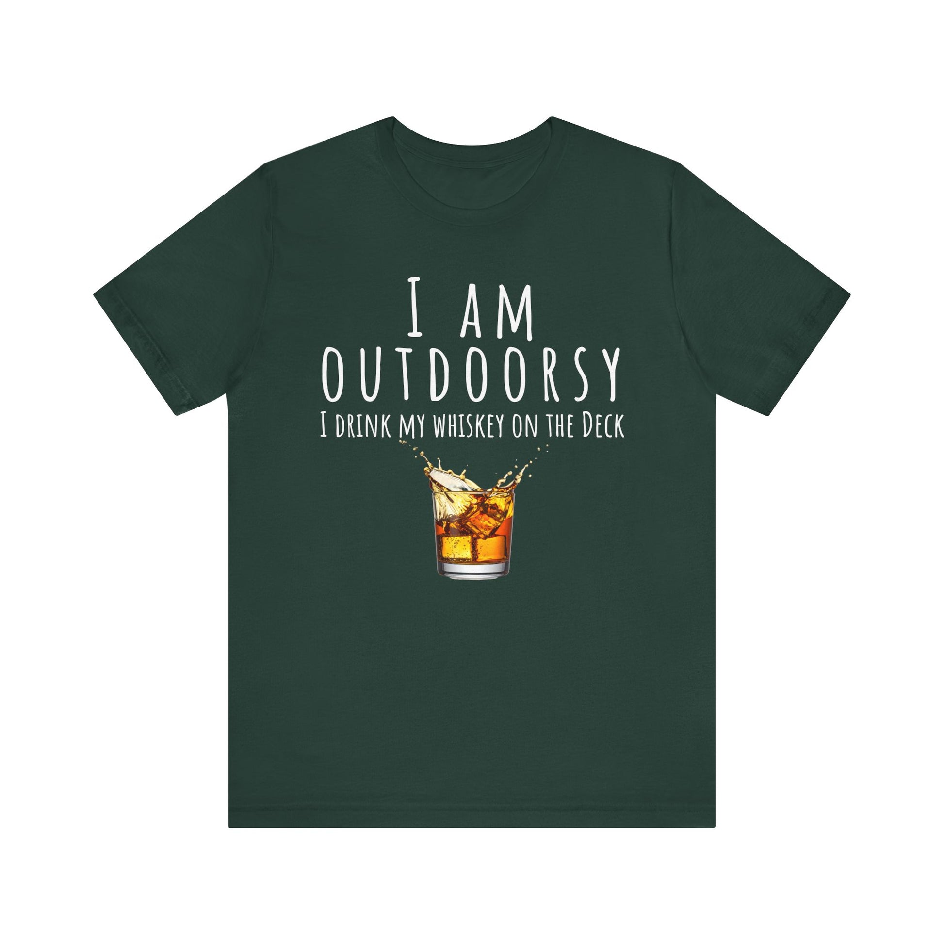 Green t-shirt with whiskey graphic and text on a white background