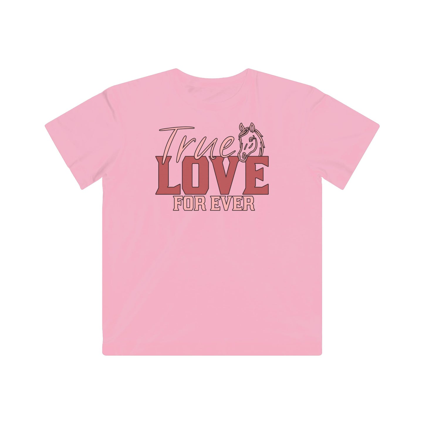 Pink t-shirt with 'True Love For Ever' text on a white background
