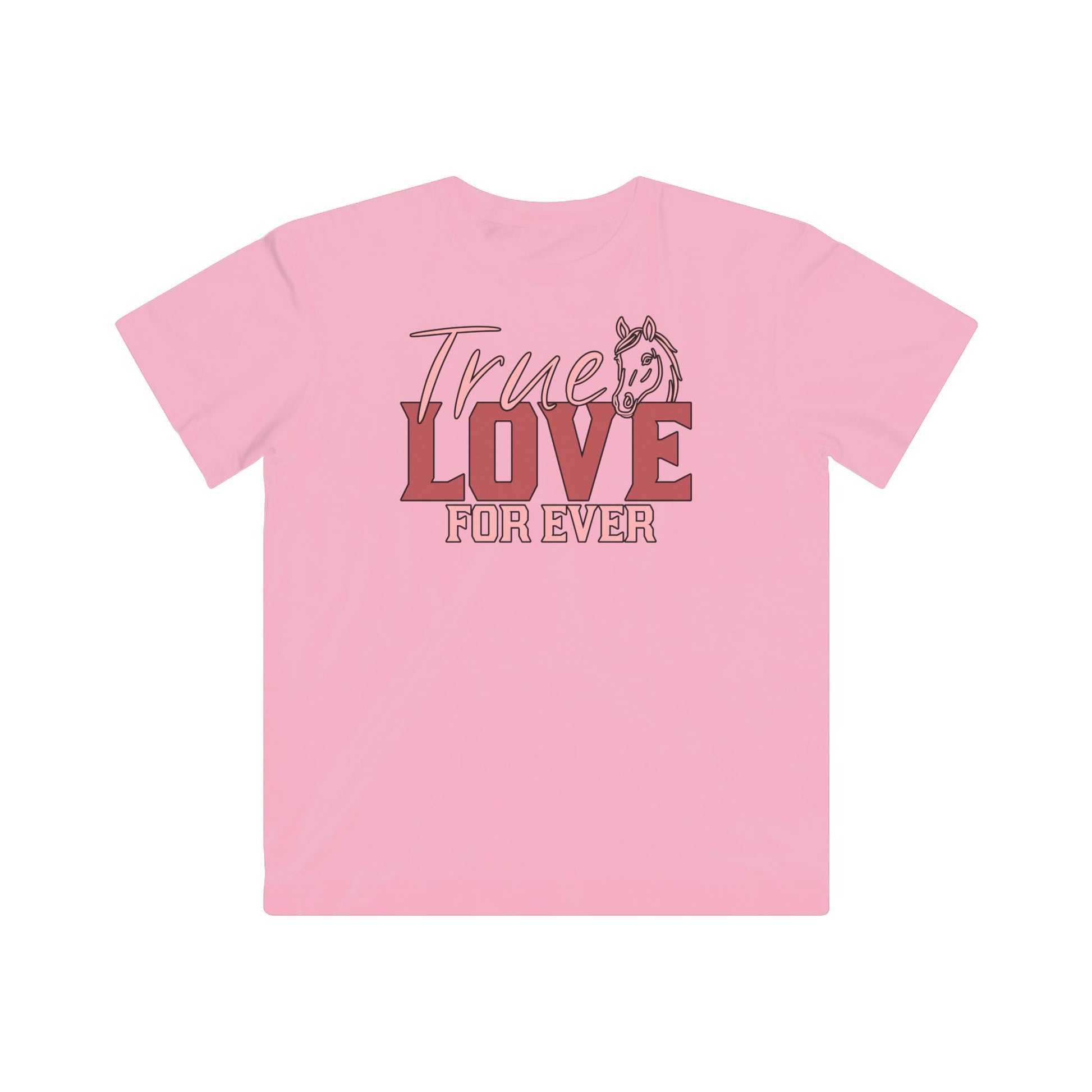 Pink t-shirt with 'True Love For Ever' text on a white background