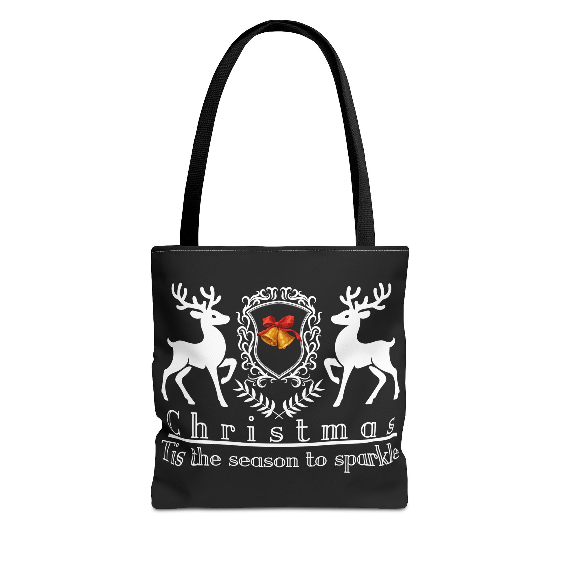 Black tote bag with Christmas design featuring deer and a bell on a white background