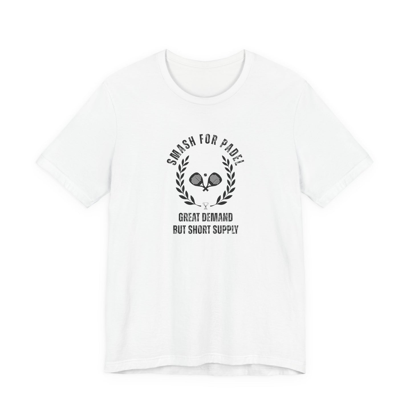 White t-shirt with black graphic and text on a white background