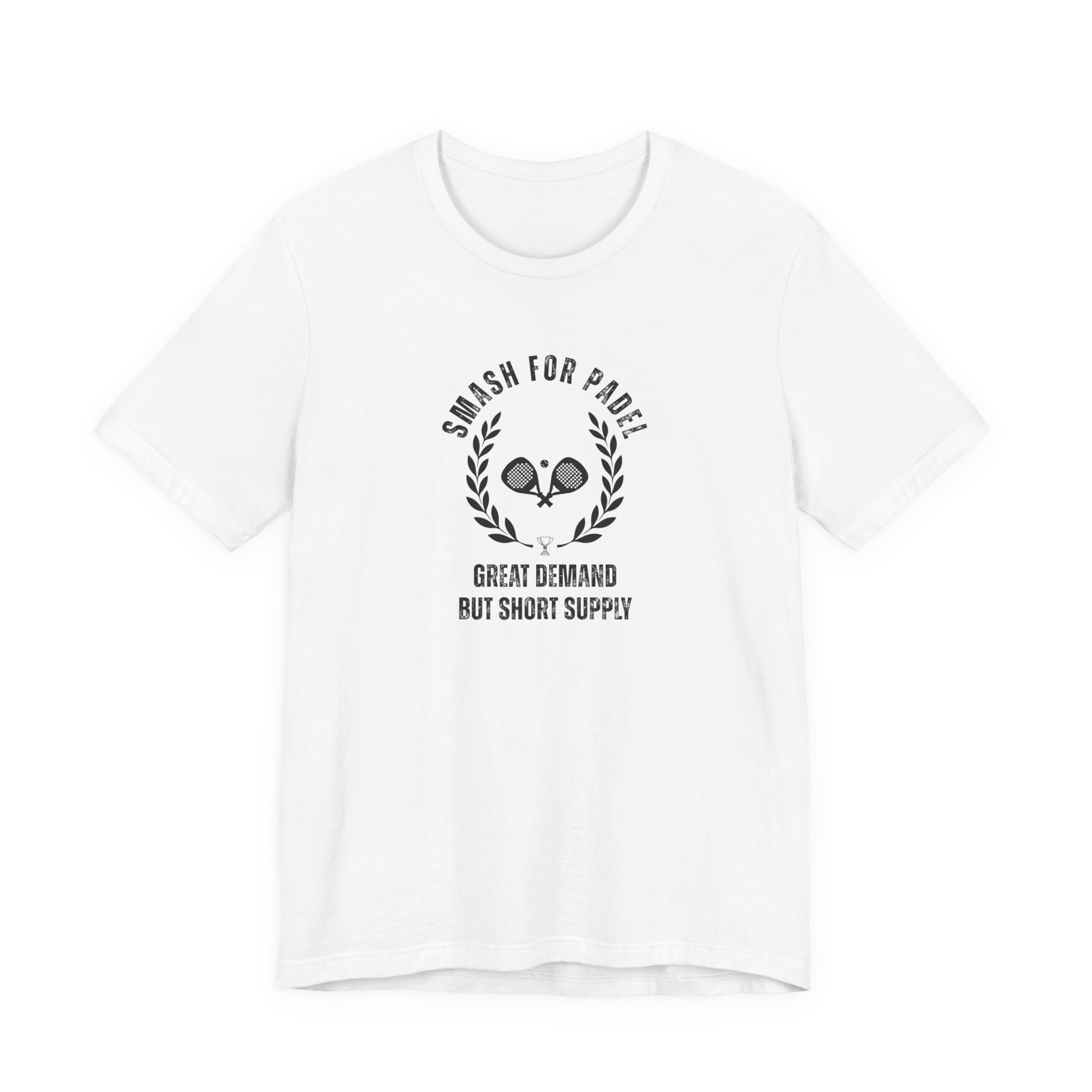 White t-shirt with black graphic and text on a white background