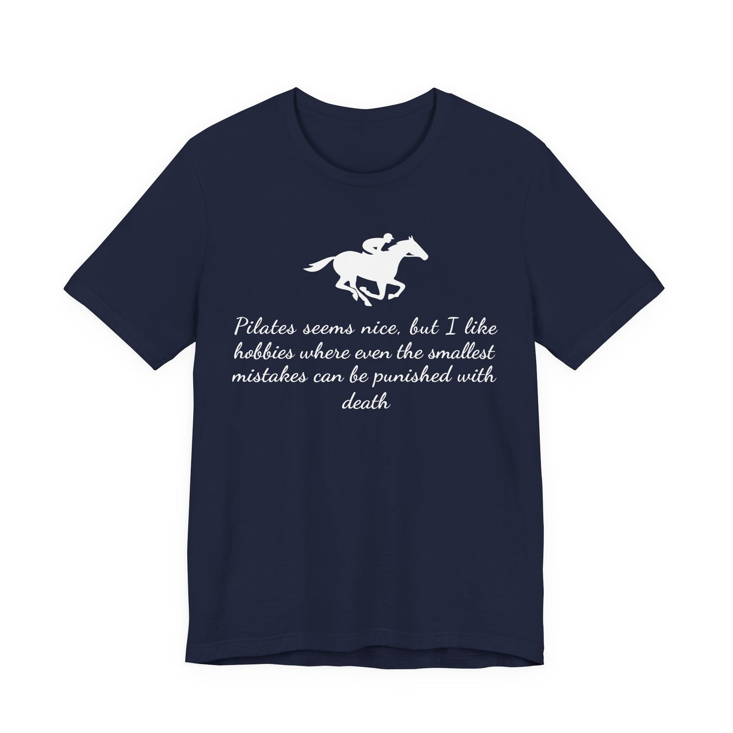Navy blue t-shirt with white horse graphic and text on a white background