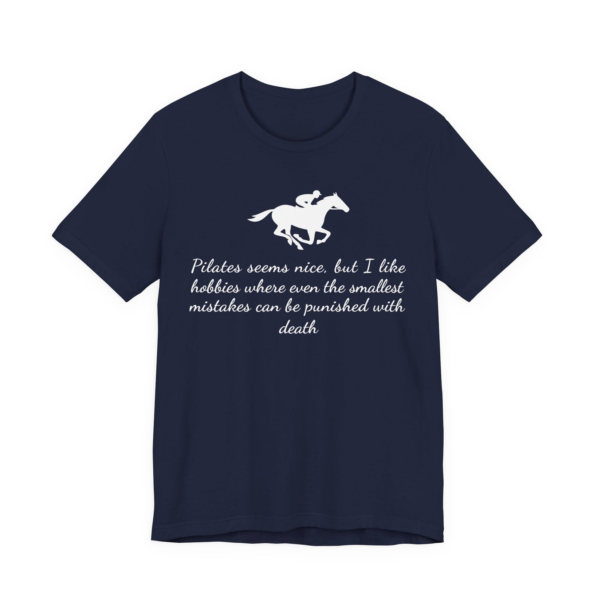 Navy blue t-shirt with white horse graphic and text on a white background