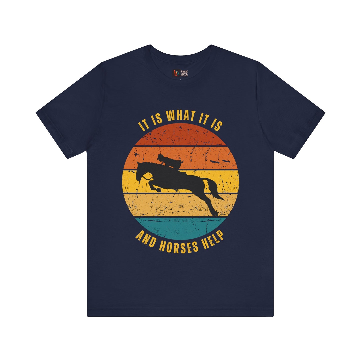 Navy blue t-shirt with a graphic of a horse and text on a white background