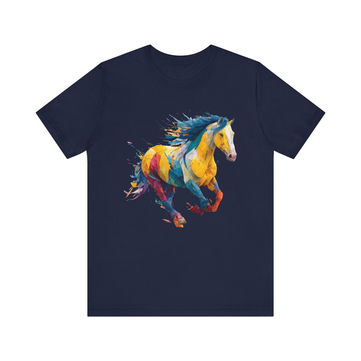 Navy blue t-shirt with a colorful horse graphic on a white background