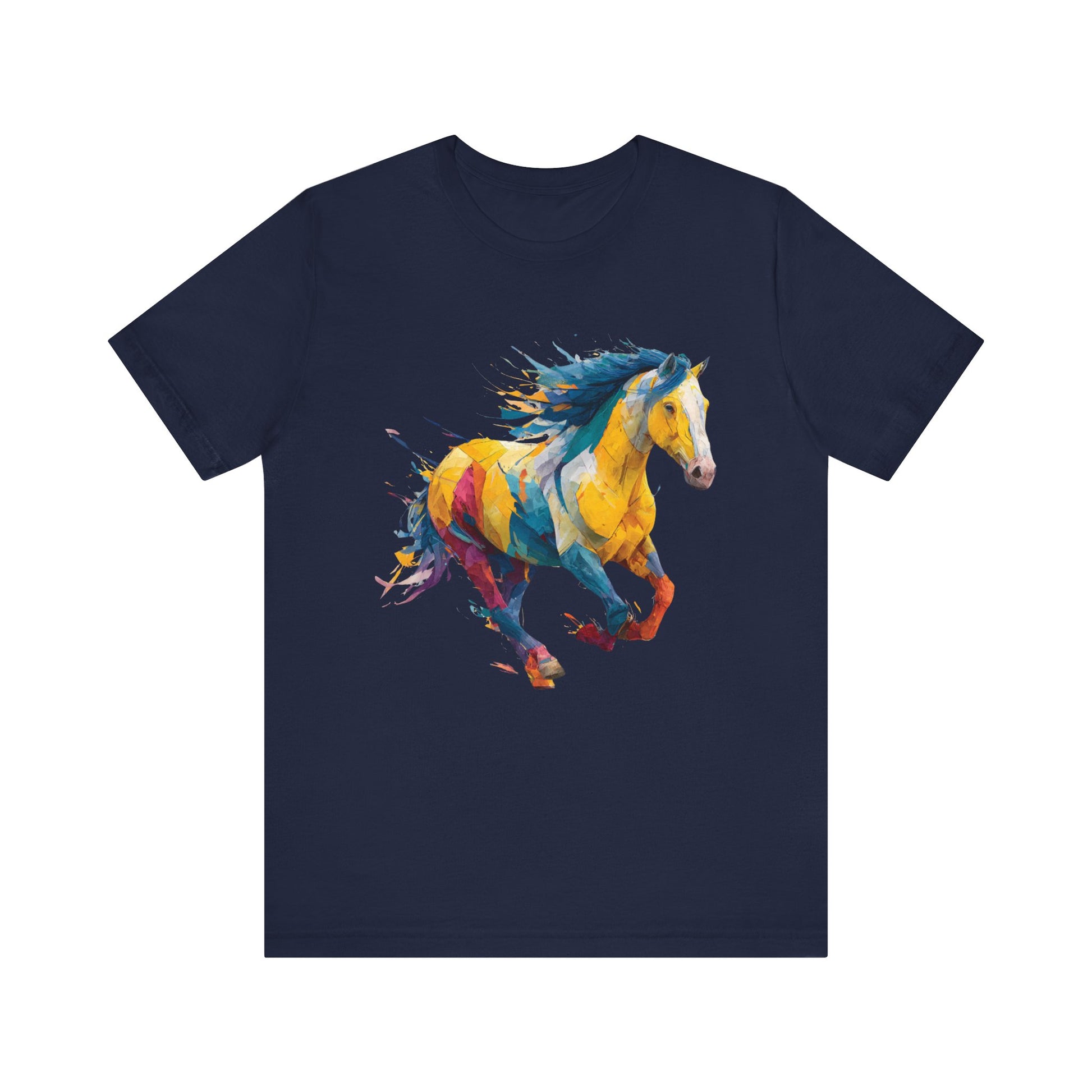Navy blue t-shirt with a colorful horse graphic on a white background